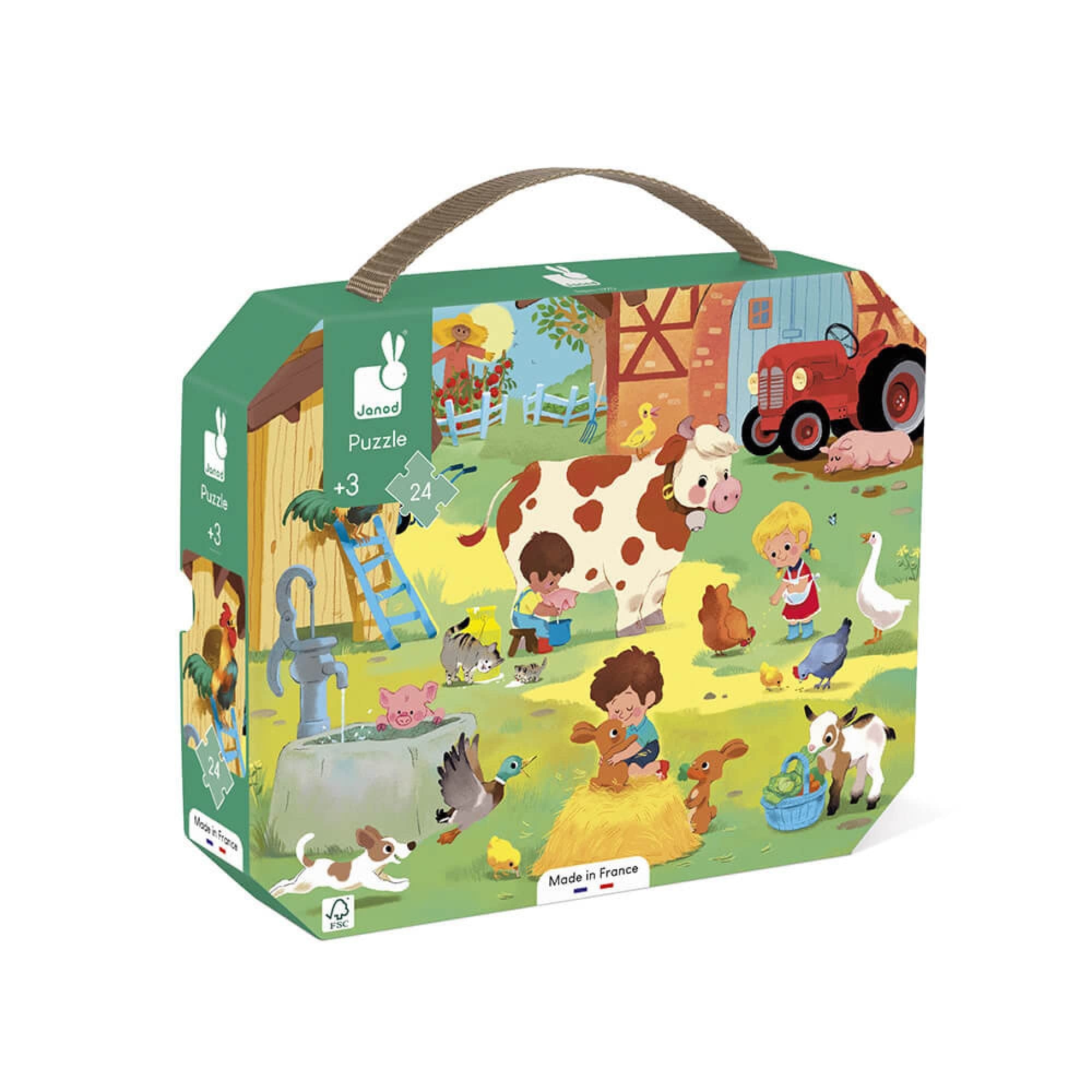 Janod - 3 Years+ - 24-Piece ‘At the Farm’ Children’s Puzzle - Educational Game - Fine Motor Skills & Concentration - Suitcase-Shaped Box w/ Handle - Made in France and FSC-Certified - J02603