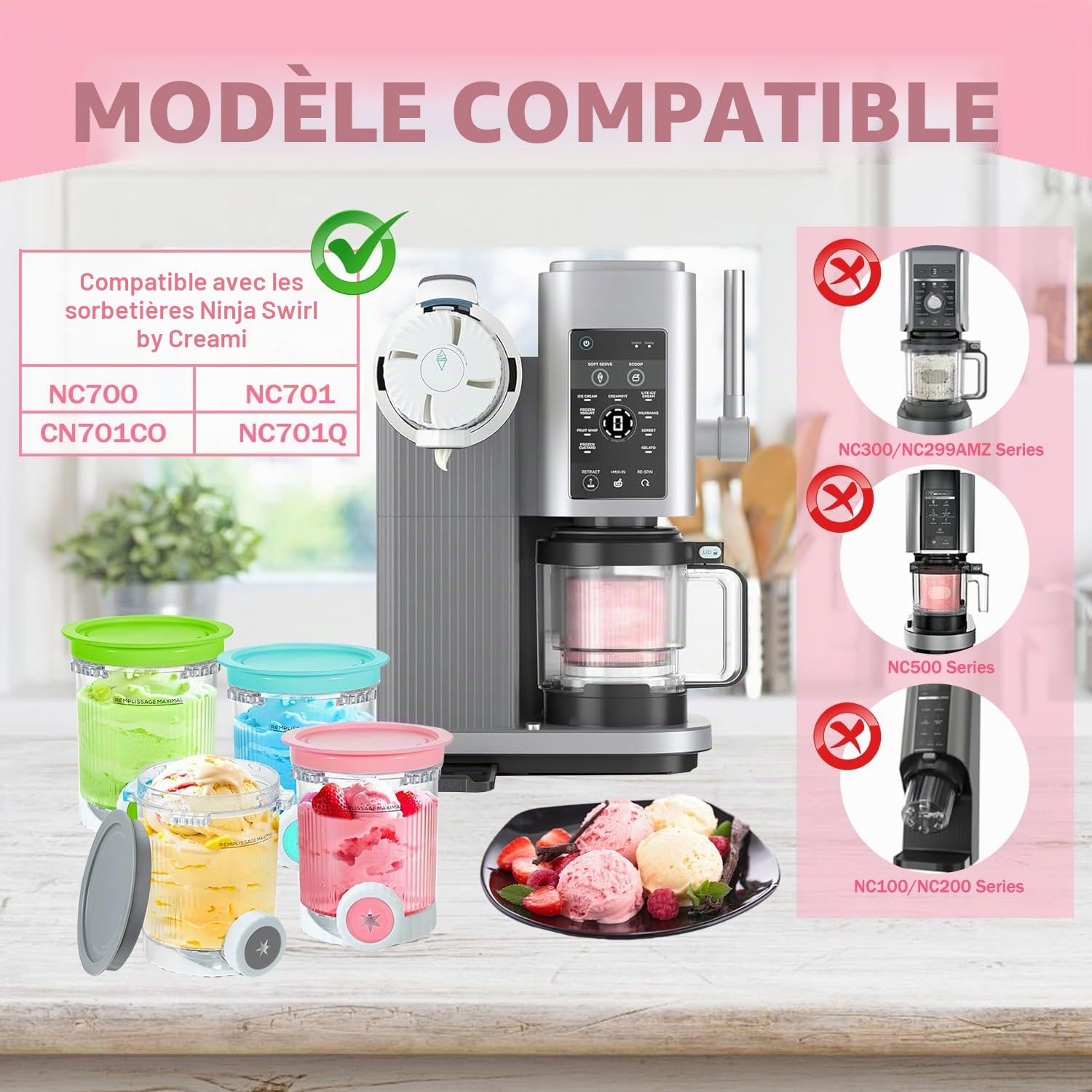 Récipients à pinte de rechange pour machines à crème glacée Ninja Swirl NC700UK - Passe au lave-vaisselle - 473,6 g - Bleu + rose + vert + gris
