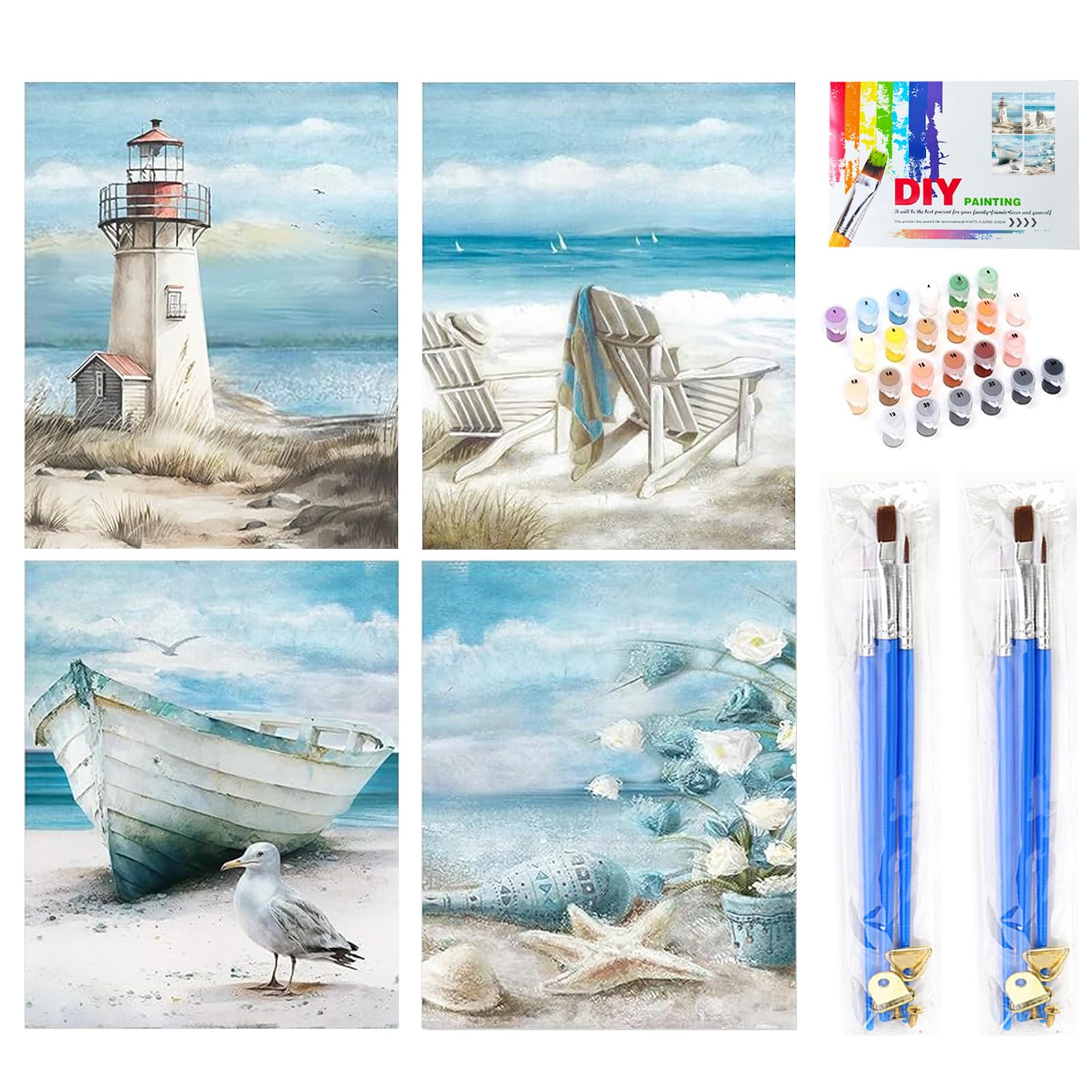 4 Stück Malen nach Zahlen Erwachsene,DIY Strände Malen nach Zahlen Mit 6 Pinseln und Acrylfarbe knitterfreie leinwand Handgemalt Strände Landschaft Paint by Numbers Kit Ohne Rahmen 25 X 30 CM