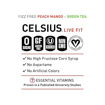 CELSIUS Fizz Free Peach Mango Green Tea, Sugar Free Energy Drink, 12 Fl Oz (Pack of 12)