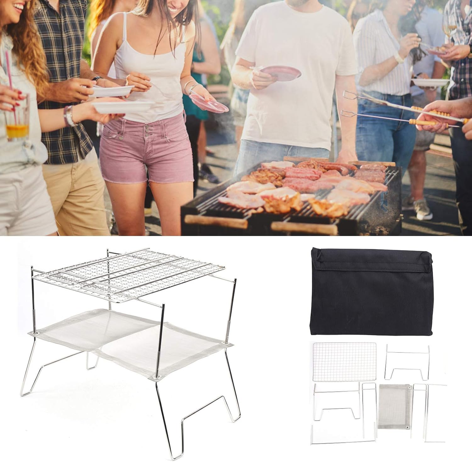 Stainless Steel Wire Outdoor Barbecue Stove Folding Grill with Baking Net Portable Compact BBQ for Picnic Camping