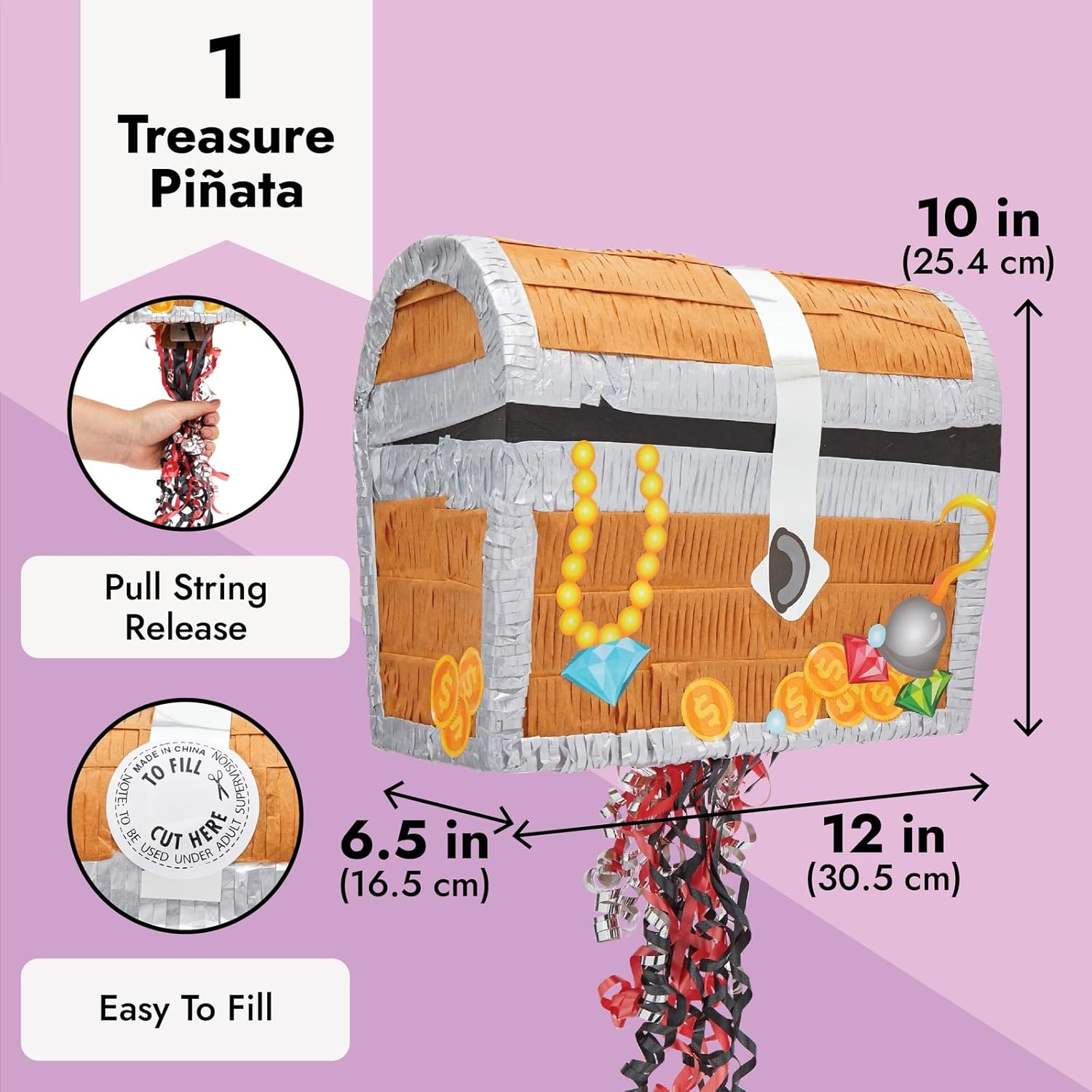 BLUE PANDA Pull String Treasure Chest Pinata - 12 x 10 x 6.5 In, Blue - Pirate Treasure Chest Birthday Pinata & Pirate Party Decoration