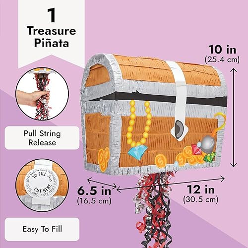 Miniatura 3 de BLUE PANDA Piñata de cofre del tesoro, piñata pirata de cuerda de tirar, bajo el mar, decoraciones de fiesta temática de aventura (tamaño pequeño,