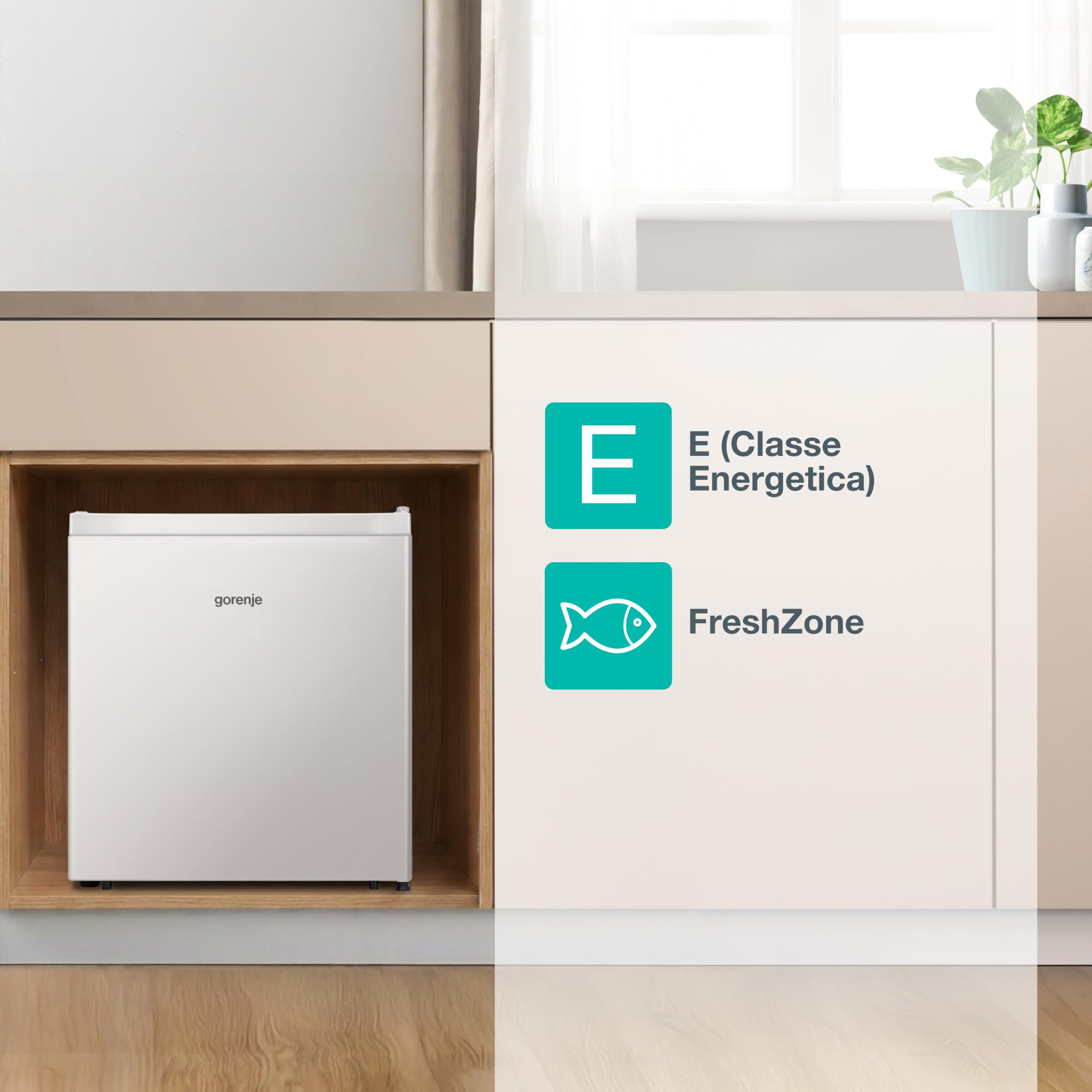 Gorenje R44E4W4 Frigorifero Minibar DA 45 Litri, Dim. 50x45 cm, Rum. 39db, Porta reversibile, Classe E, Bianco