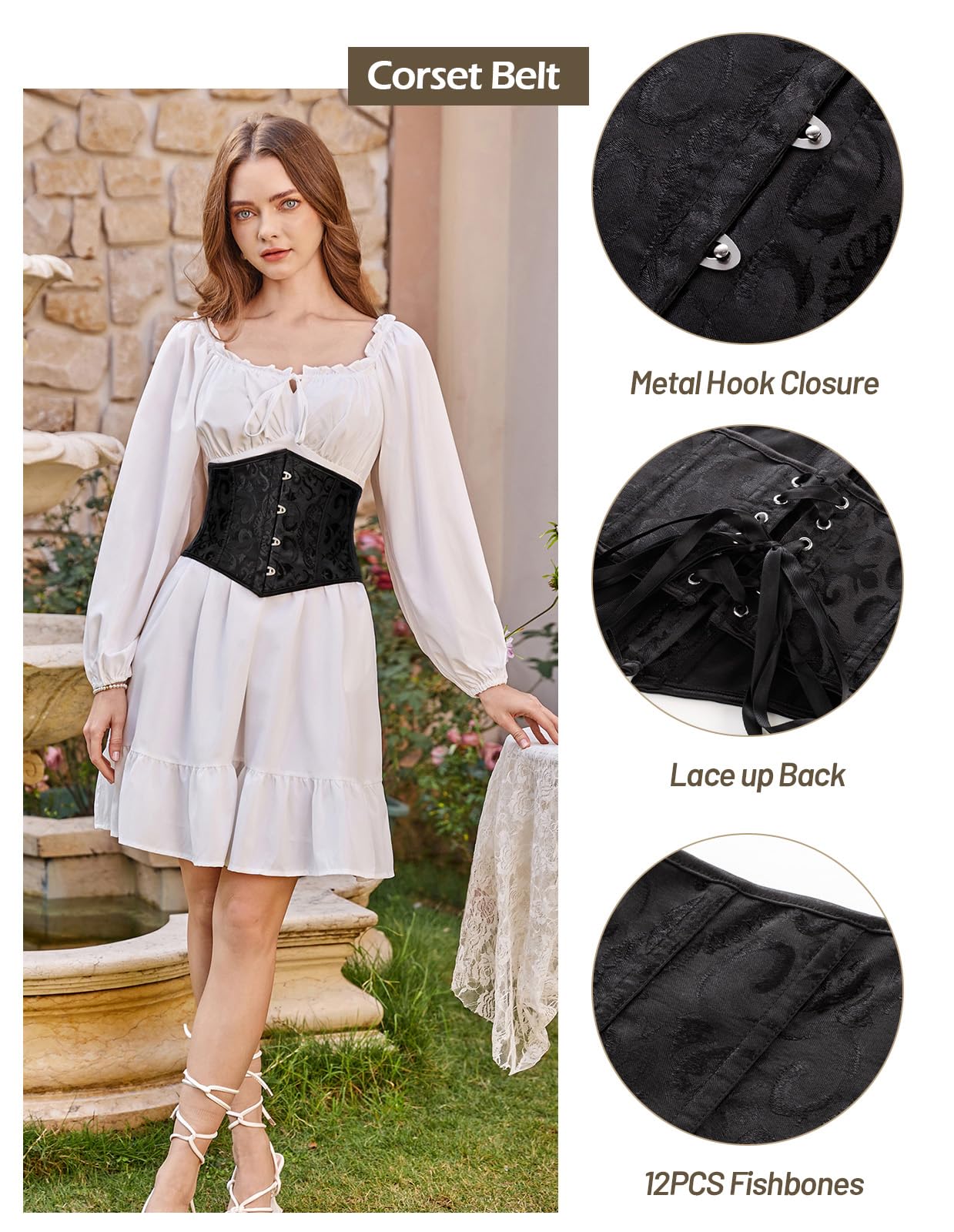 Scarlet Darkness Corset Belt for Women Fishbone Wide Waist Corset Pirate Belt: Black Jacquard 6