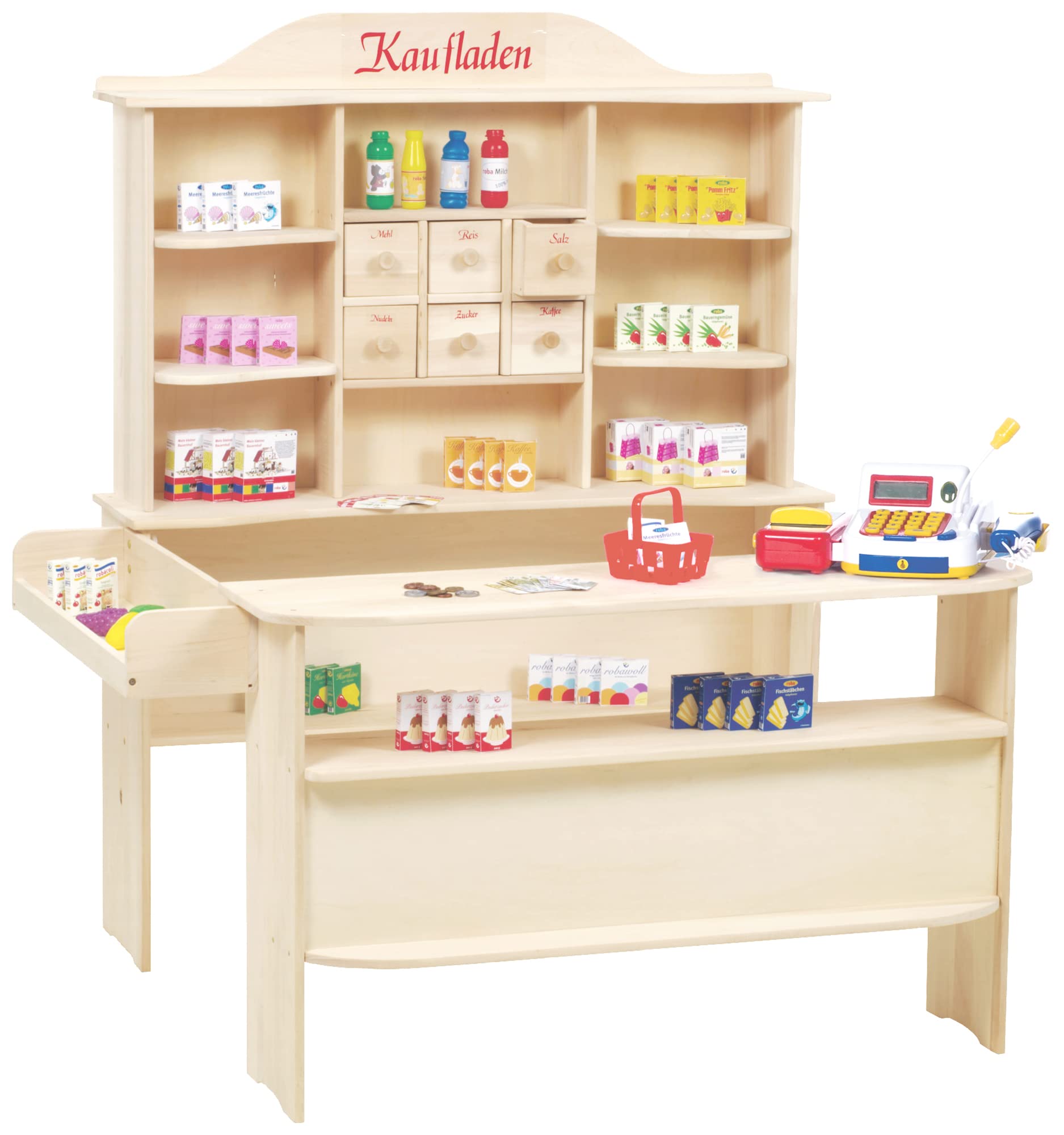 Roba Marchande en Bois Naturel avec Caisse Enregistreuse et 100 Accessoires