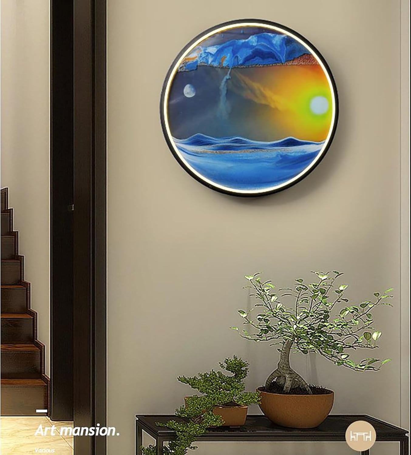TaLcuS Moving Sand Art Picture Round Glass,3D Sand Art Liquid Motion, Art Quicksand Painting with Led Light Creative Home Office Relaxing Mood Desktop Sandscape (Color : A)