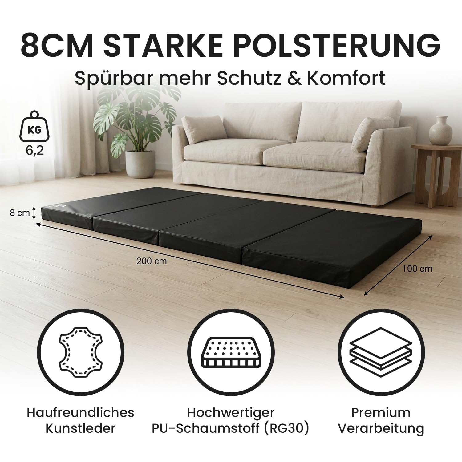 Jeflex - klappbare Weichbodenmatte & Turnmatte 200 x 100 x 8 cm MADE IN GERMANY/Gymnastikmatte tragbar/platzsparende Fitnessmatte & Yogamatte/Spielmatte für Kinderzimmer