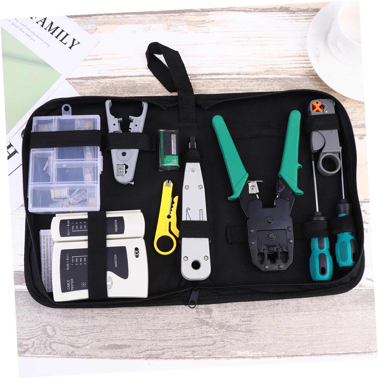 Kit D'outils D'installation Réseau en Pp et Métal 12-en-1 Portable Noir Paquet de Rangement pour Améliorer L'efficacité du Travail