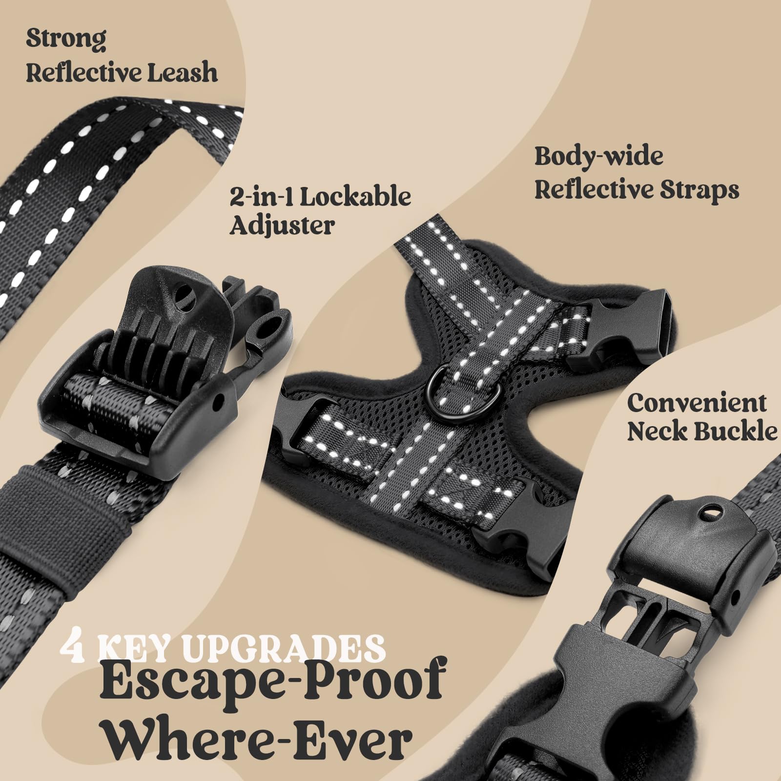 rabbitgoo Cat Harness and Leash, Escape Proof Vest with 3 Adjustable Buckles, Soft Comfortable Kitten Harness, Easy to Wear, Reflective for Safe Outdoor Walking, Medium, Black - 3