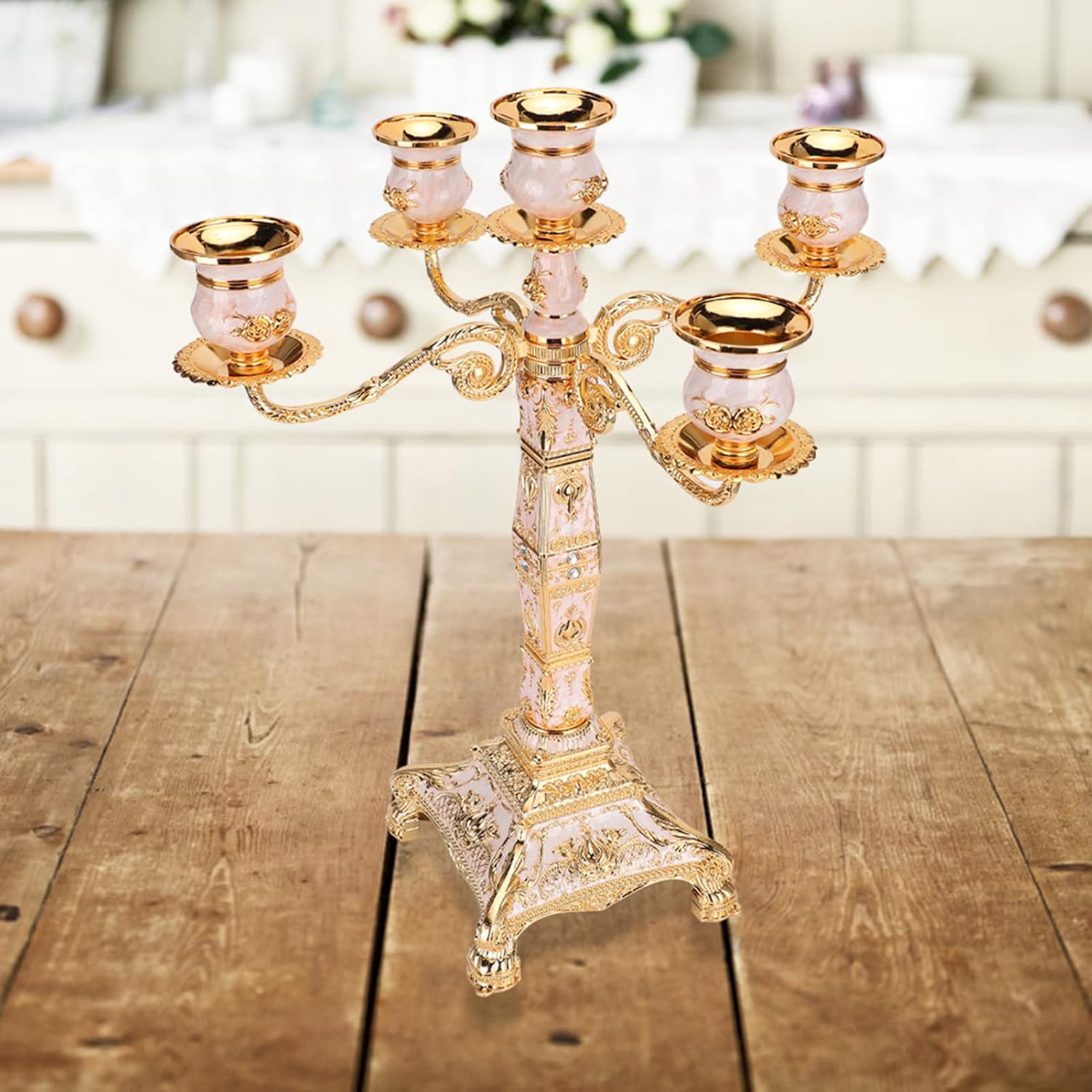 Luxury Vintage Candelabra Candle Holder, Embossed Rhinestone Candlesticks for Home Wedding Decor, Elegant Alloy Centerpiece with Stable Four - Corner Base