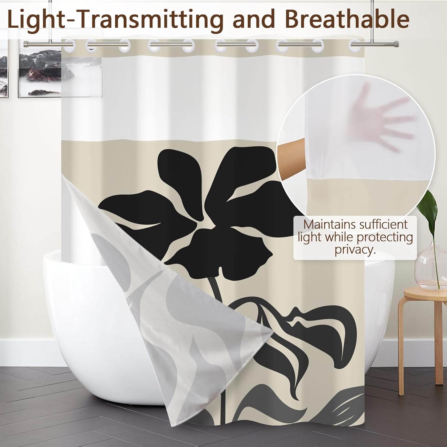 No Hook Modern Shower Curtain with Liner 71 x 74 Inch - Minimalist Line Black Floral Design, Waterproof Fabric Bath Curtain with Mesh Top for Mid-Century Bathroom Decor