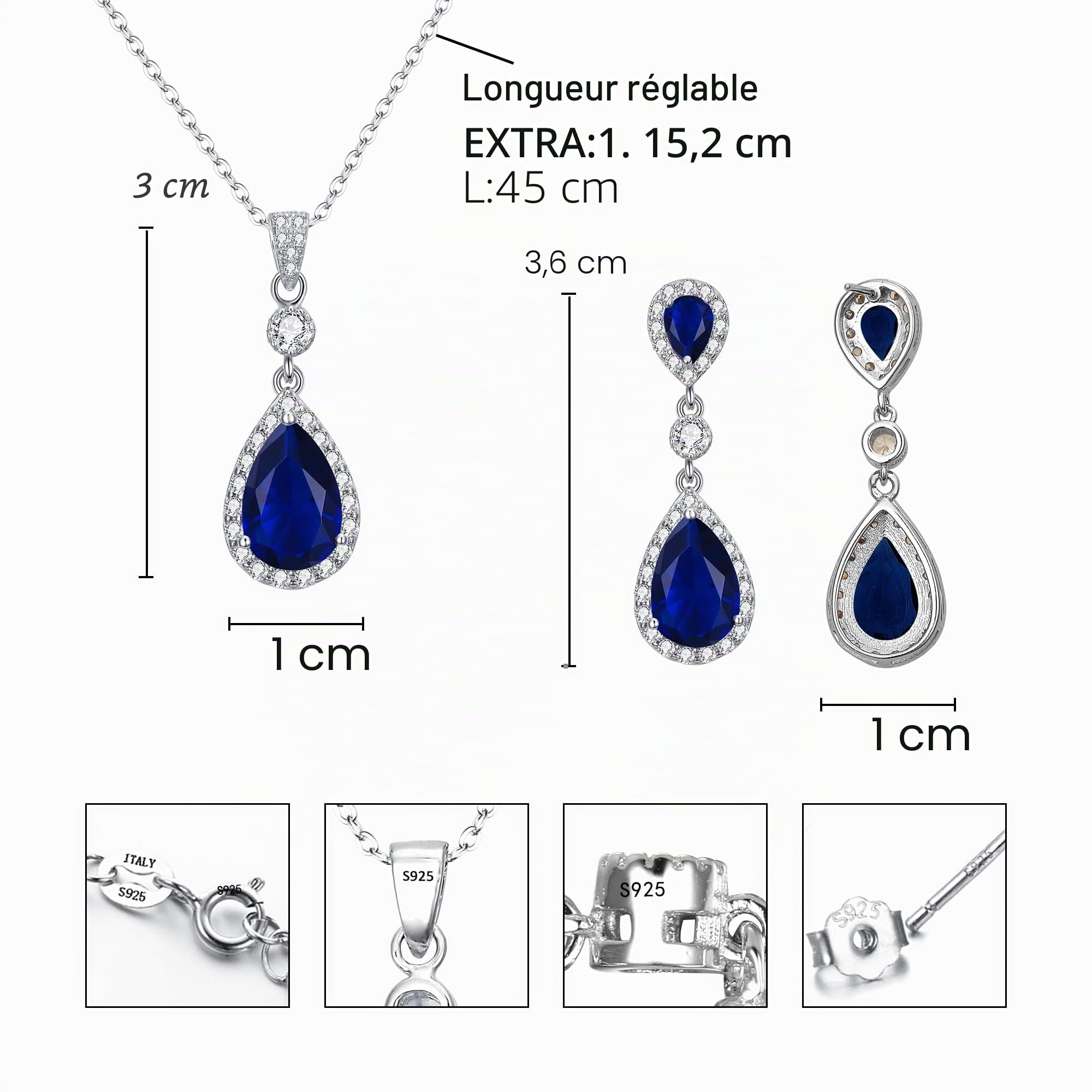 Femme Parure Élégant 925 Argent Strass Zircon Bijoux Mariage Mariée Boucle d'Oreille Collier Rond Goutte d'Eau