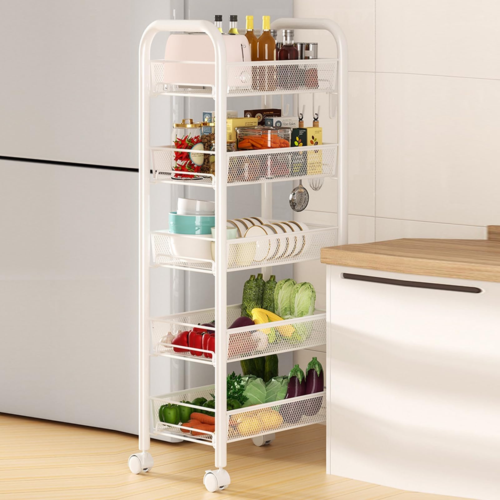 Contenitore da cucina impilabile a 5 ripiani, in rete metallica mobile, per frutta e verdura, con ruote, cestino per la dispensa, per produrre snack, bagno e uso domestico, bianco a 5 strati