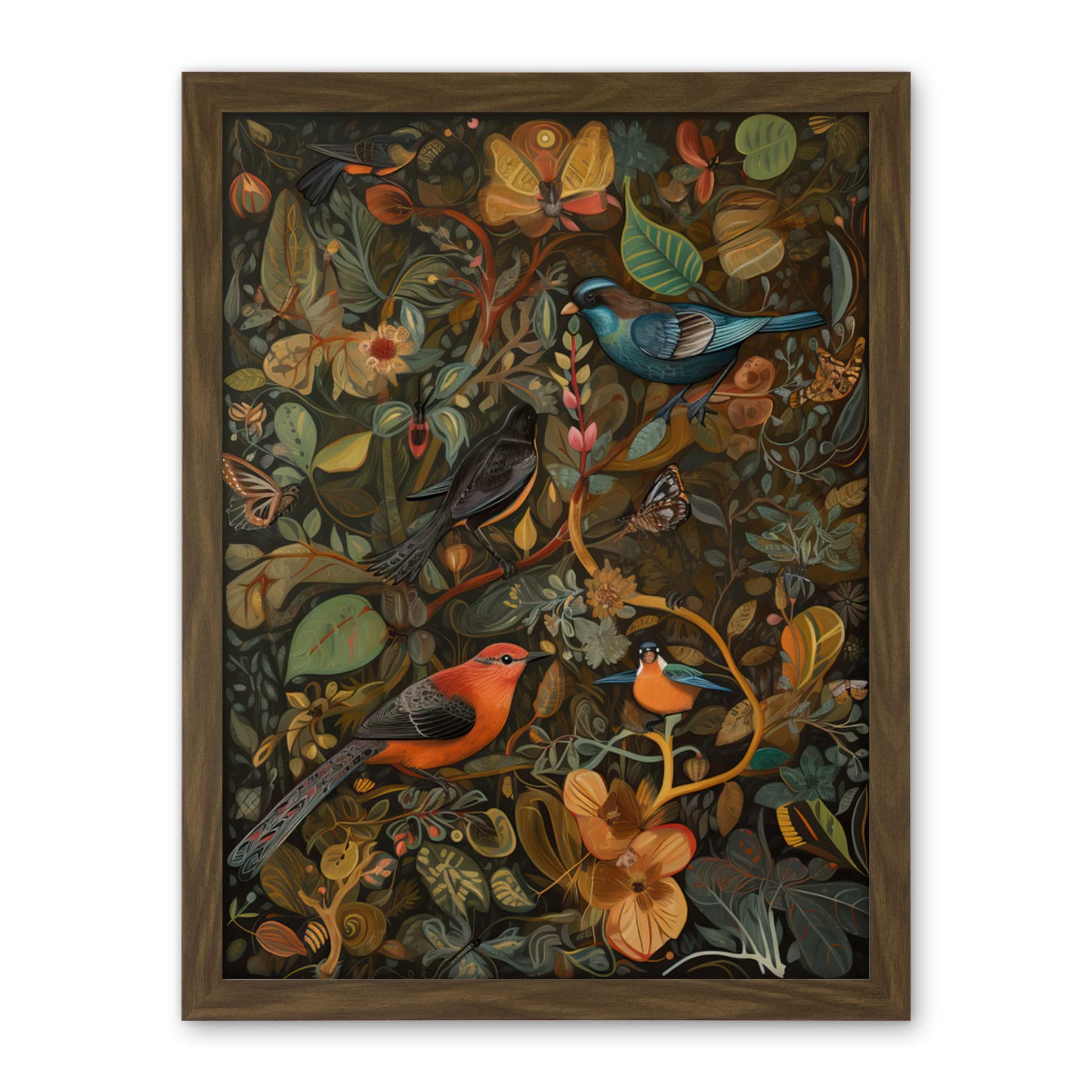 Artery8 Birds and Butterflies on Autumnal Tree Folk Art Artwork Framed Wall Art Print 18X24 Inch