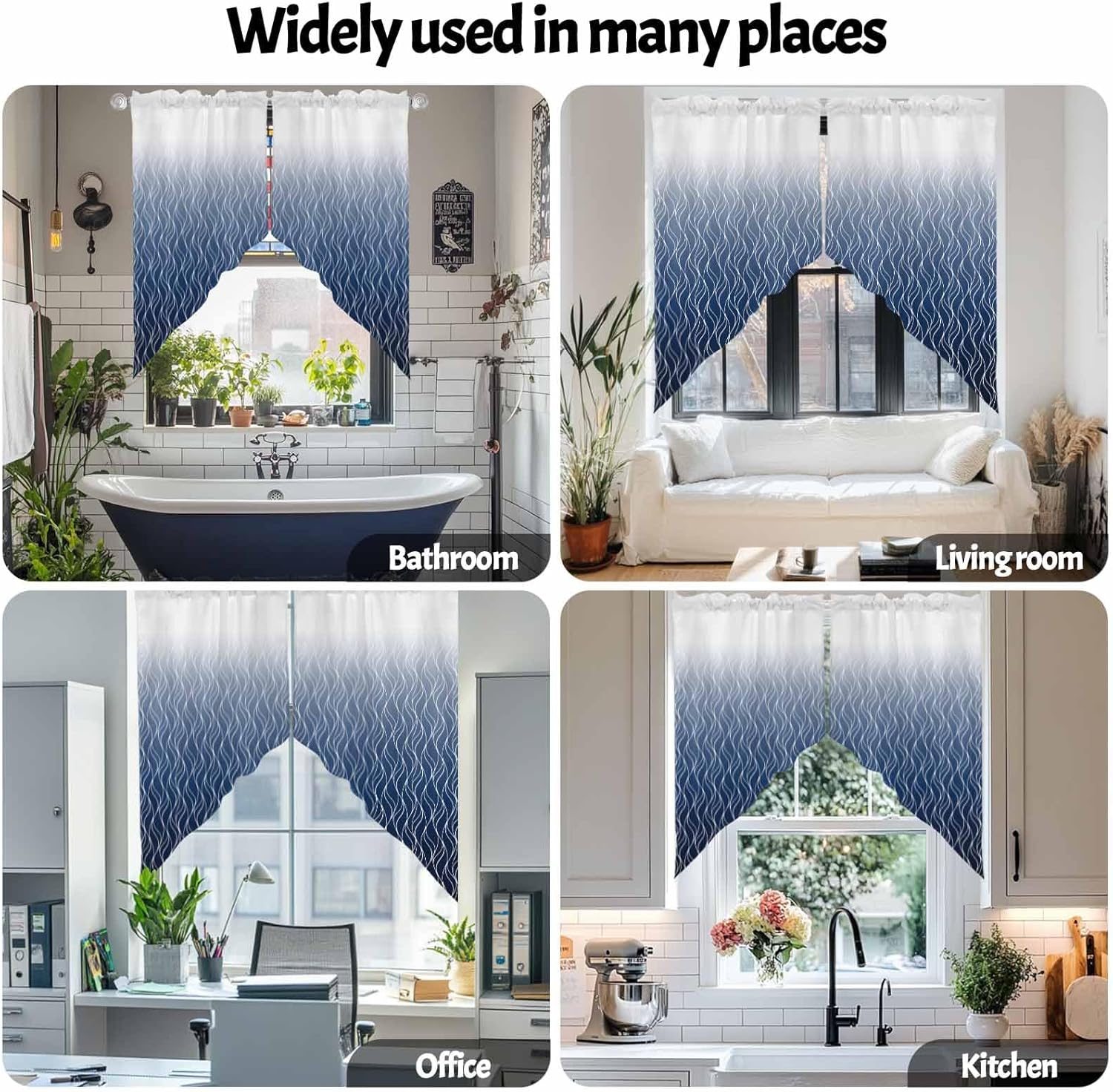 Swag Curtain Valance for Kitchen, Moroccan Texture Navy Blue Gradient Window Treatment Rod Pocket Bedroom Tier Curtains for Bathroom Farmhouses 36"x63"x2