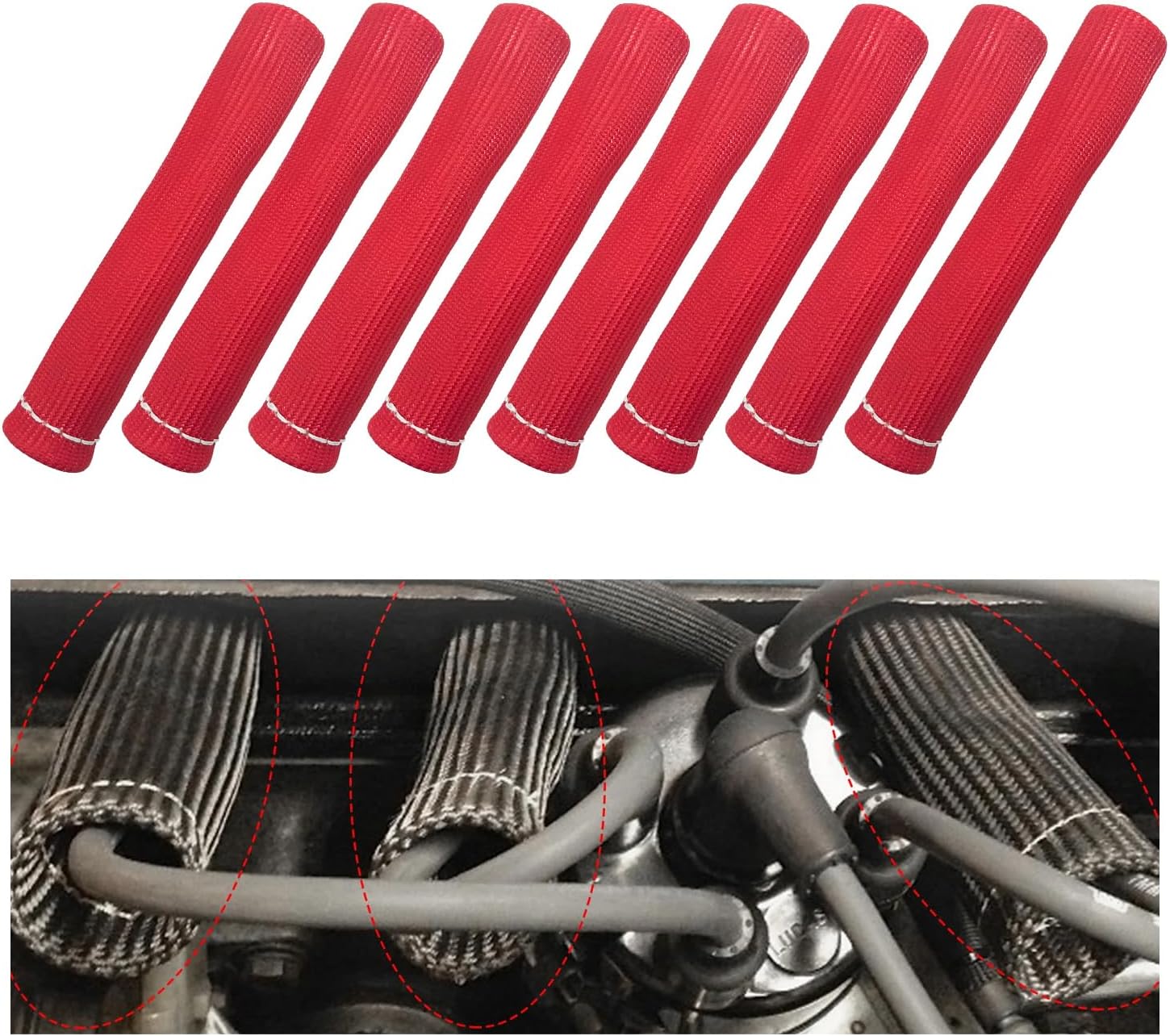 Yourkar 8 PCS Spark Plug Wire Boots, 6 Inch Automotive Spark Plugs Heat Shields Cover, 1200° Vehicle Spark Plug Wire Boots Heat Shield Protector, Universal Car Accessories (Red)