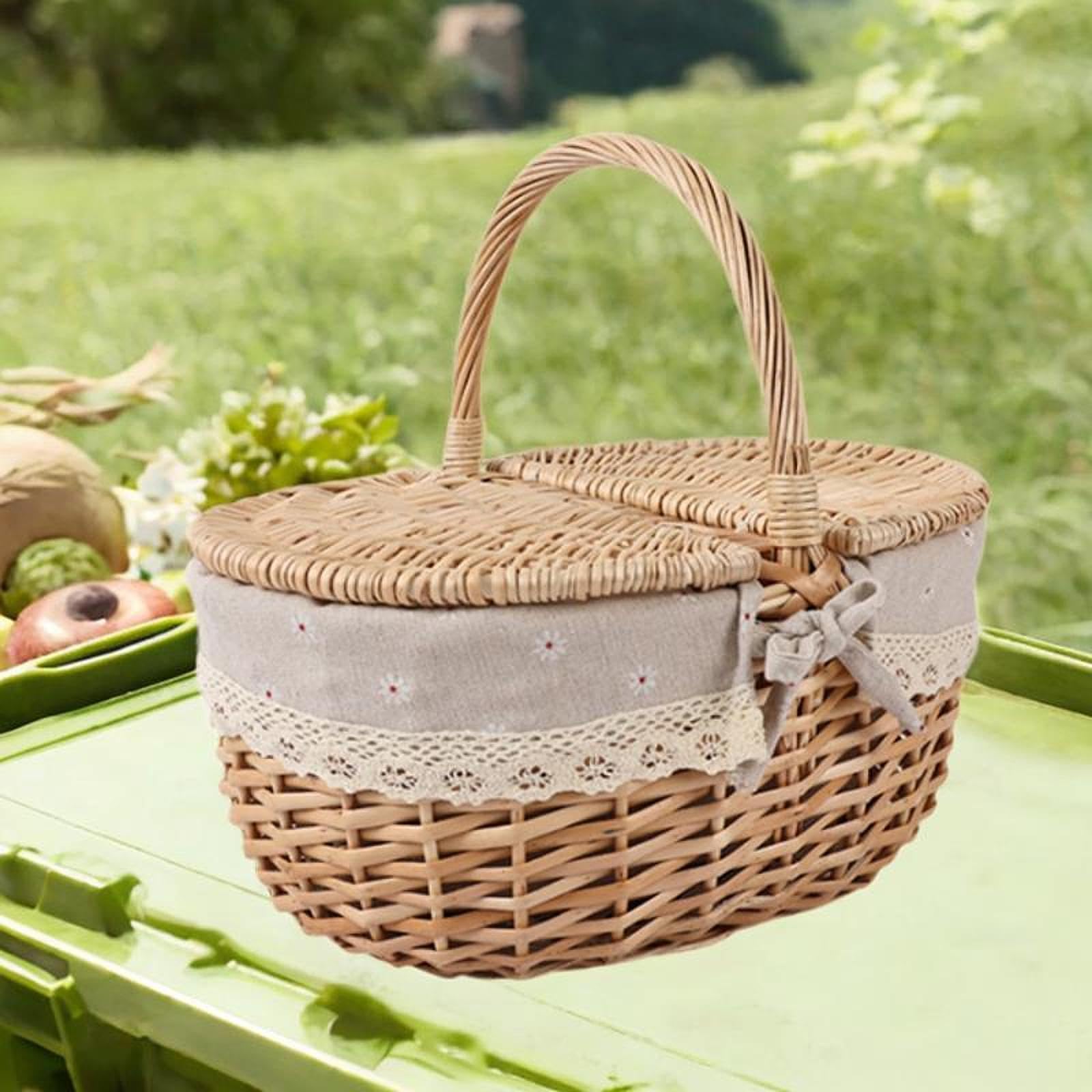 Cestino da Picnic per Esterni con Coperchio, Manico E Fodera Removibile, Ideale per Picnic, Picnic, Riunioni di Famiglia, Parco Ed Escursion, Grigio Beige, Grande
