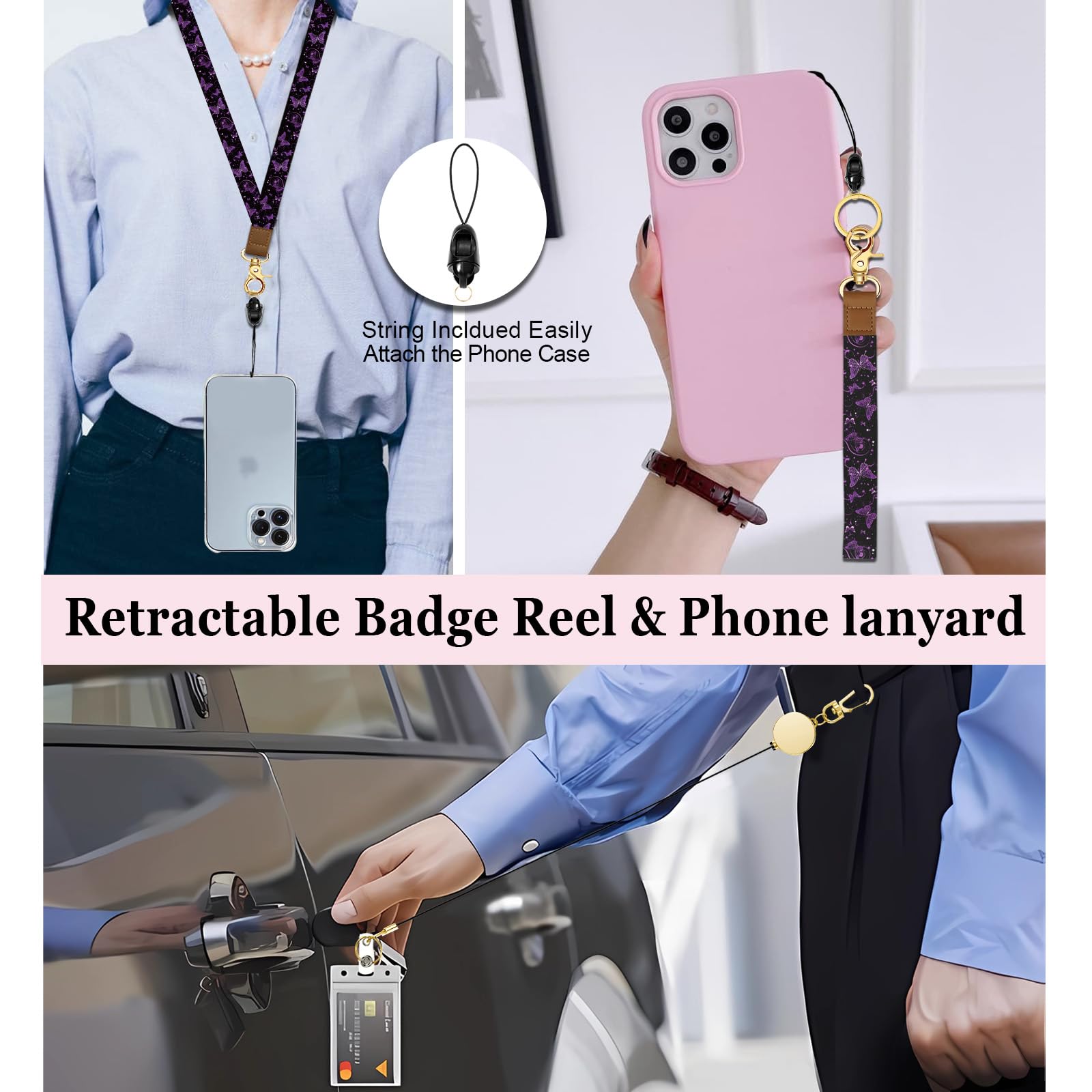bolimoss Purple Butterfly Lanyard for ID Badge Cute Wrist and Neck Lanyards for Women Teacher Car Key Lanyards with Metal Carabiner Retractable Reel - Image 2