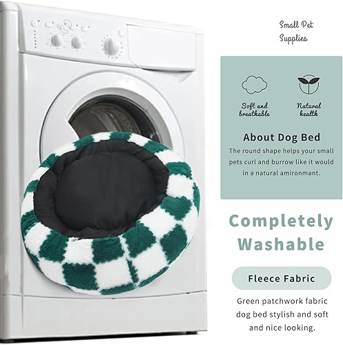 Miniatura 3 de Cama para perros de tamaño pequeño lavable redonda dona a cuadros verdes camas para mascotas para perros pequeños, cama ortopédica para acurrucarse,