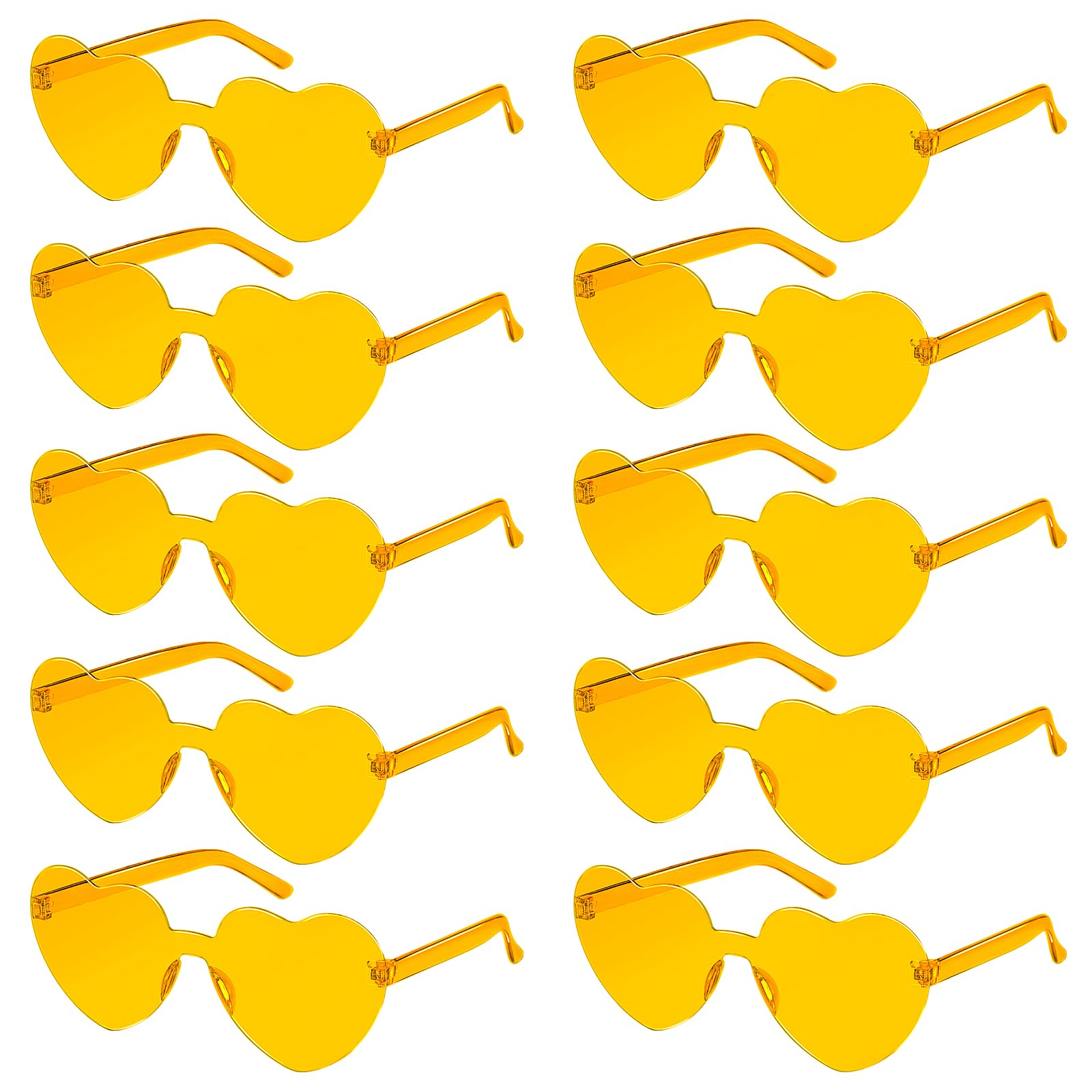 SelfTek 10 Pcs Yellow Heart Shaped Sunglasses, Funky Heart-Shaped, Unisex-Children & Adults, Rimless, Transparent