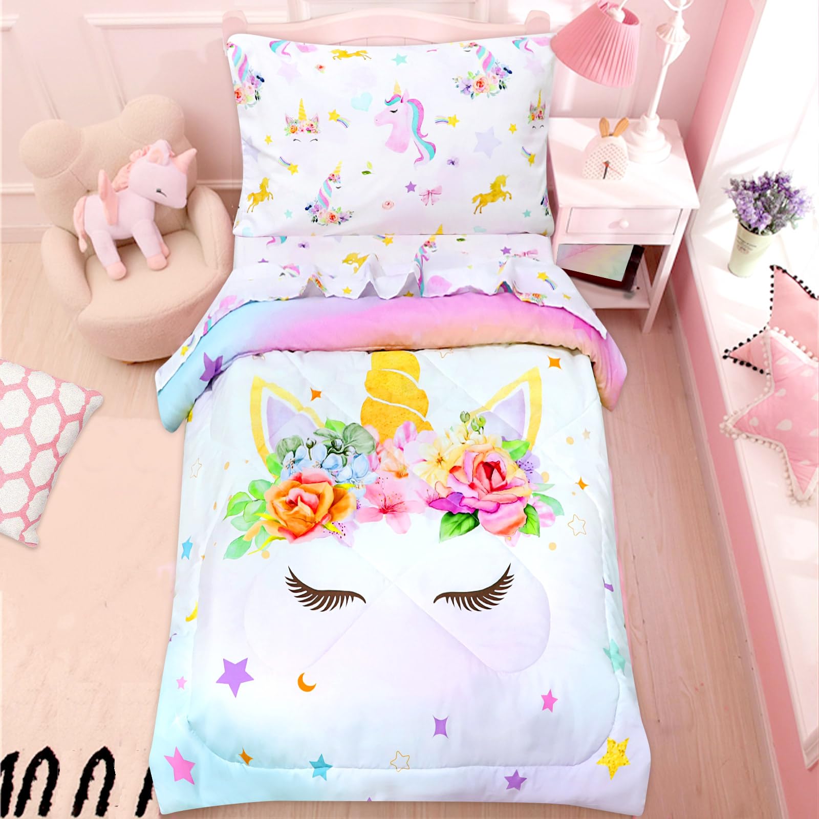 Toddler Bedding Sets for Girls Unicorn Toddler Crib Bedding Set 4 Piece Pink Floral Toddler Comforter Set Includes Flat Top Sheet - Image 2
