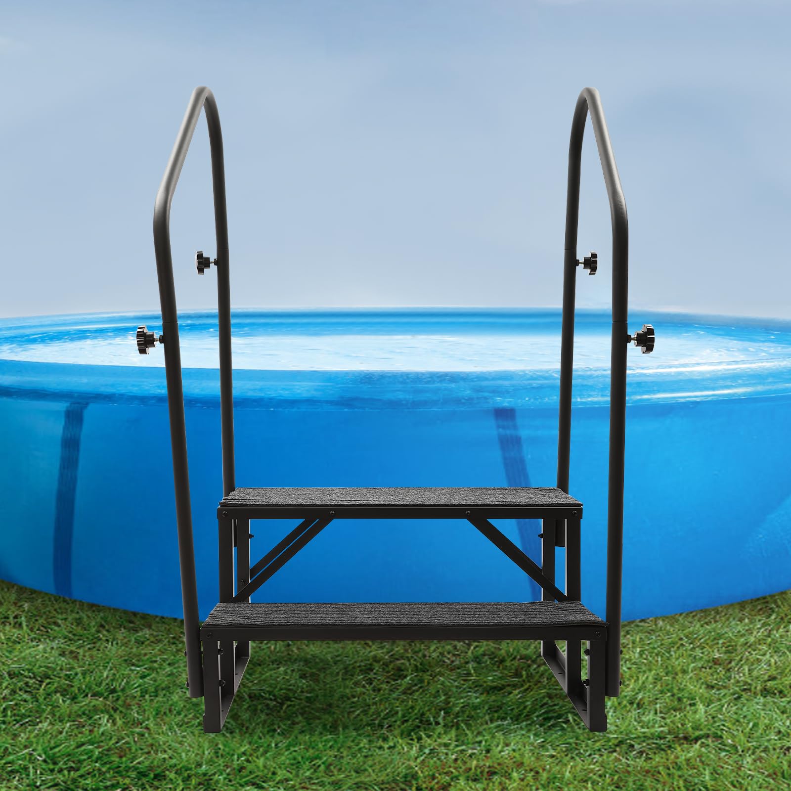 Escalera para autocaravana de 2 peldaños con pasamanos, 2 escalones móviles para exteriores, escalera de caravana con alfombrilla antideslizante, peldaños portátiles con cremallera, capacidad