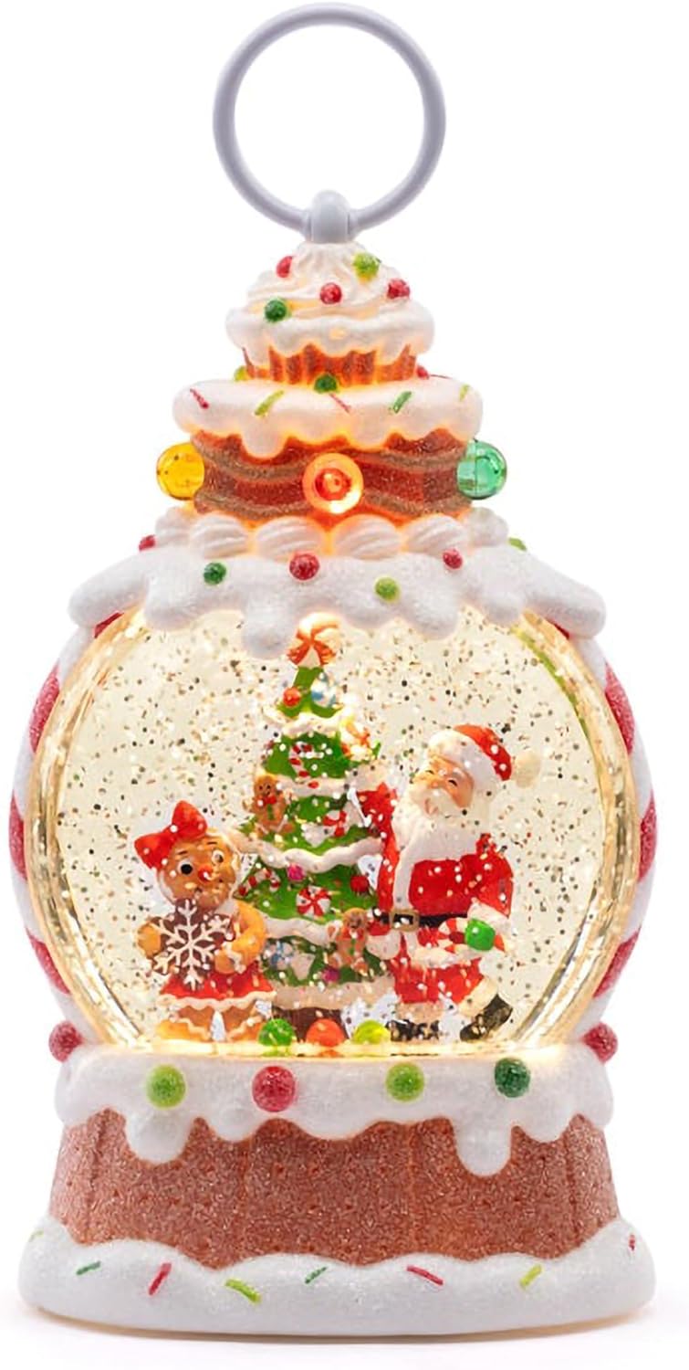 Napco 10 inch Whimsical LED Lighted Santa & Sweet Gingerbread Water Globe Spinning Glitter Christmas Decor
