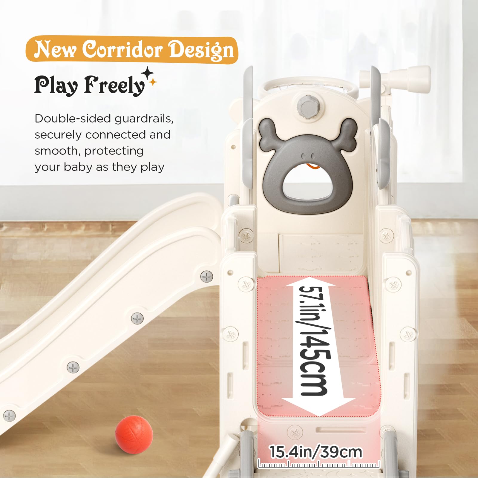 Kinderrutsche mit Basketballring, Elch-Themenrutsche für Kinder, Spielplatz für drinnen und draußen, unabhängiges Kletterspielset mit Rutsche für Babys (Beige Grau-7-in-1)