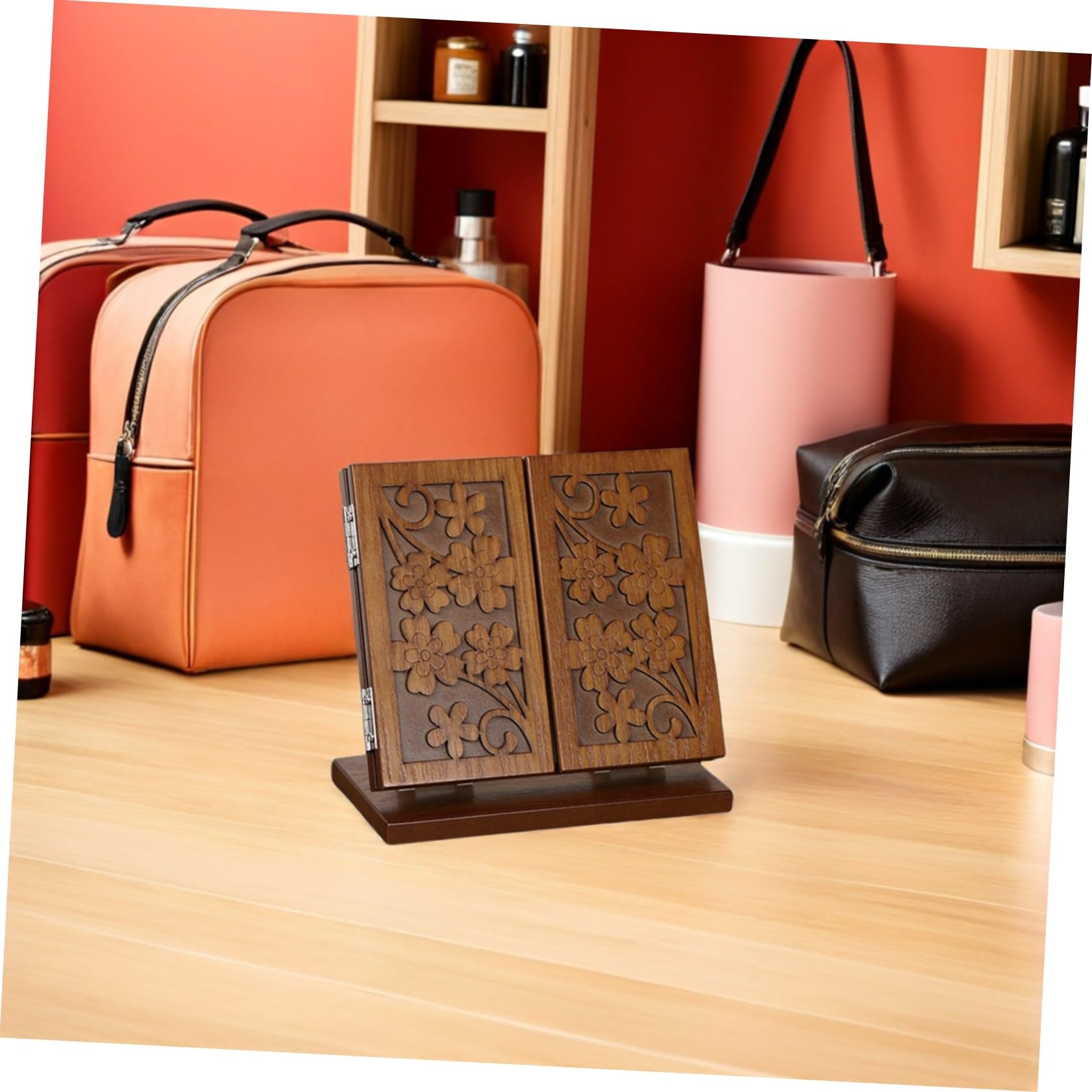 Healeved Espejo de Maquillaje de Madera Superficie de Espejo Clara y Estable Plegable Diseño Tallado en Forma de Flor, Estructura de Tres Caras para Tocador