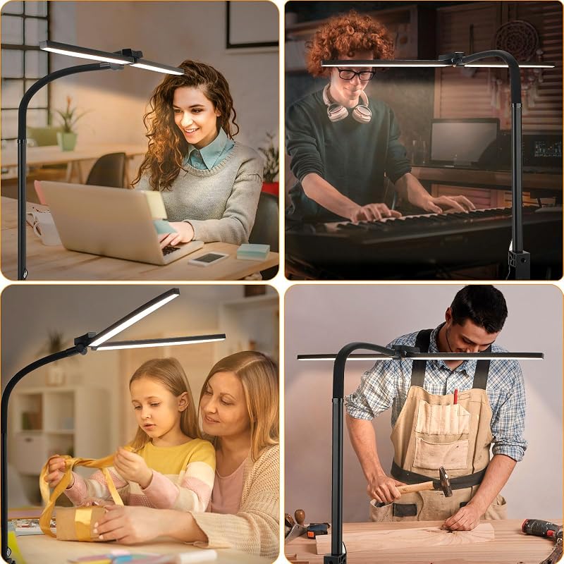 Glighone Dupla Fejű LED Íróasztallámpa 24W 80cm - Állítható Fényerő, Hajlítható Nyak, Szemvédő Nappali Fény, Távirányítóval, Csíptethető (Fe