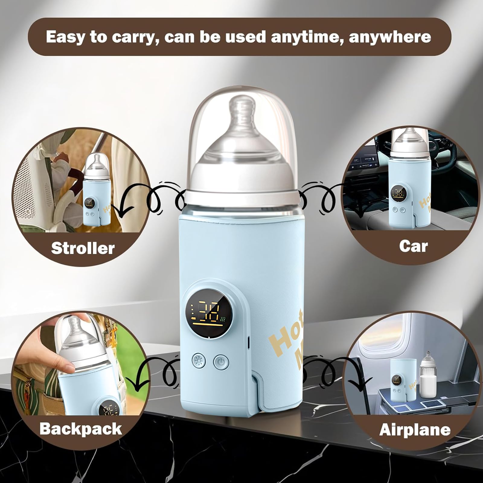 Scaldabiberon per Bambini, Scaldabiberon Portatile, Per Viaggi con Display LCD Ricarica USB Scaldabiberon 6 Temperature Regolabili 38-50℃ Scaldabiberon per Latte Materno Borsa per Viaggi e Casa (Blu)