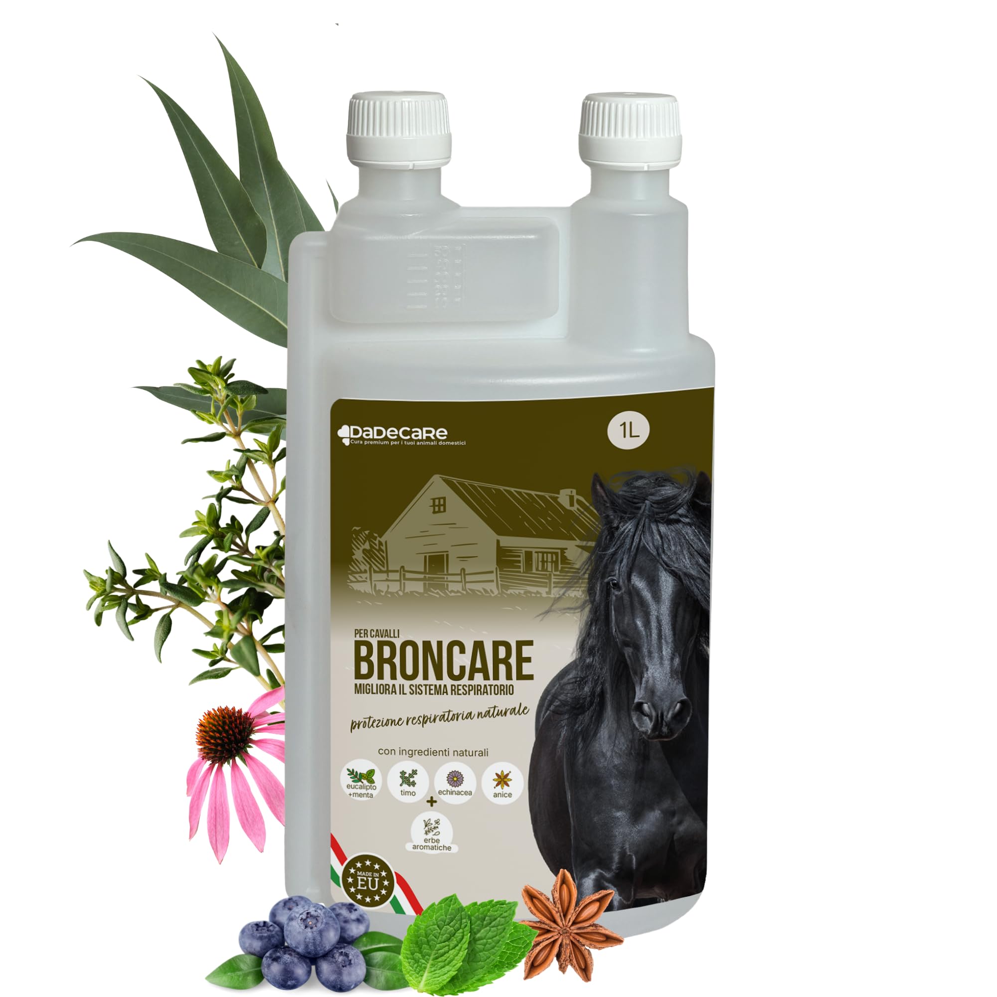 DADECARE Bronzo - Respiratorio Cavalli 1L - Estratti di menta piperita, Eucalipto, Timo ed Erbe - Rinforzo Immunità e Benessere Polmonare - Ideale in ambienti con polvere, calore o stress