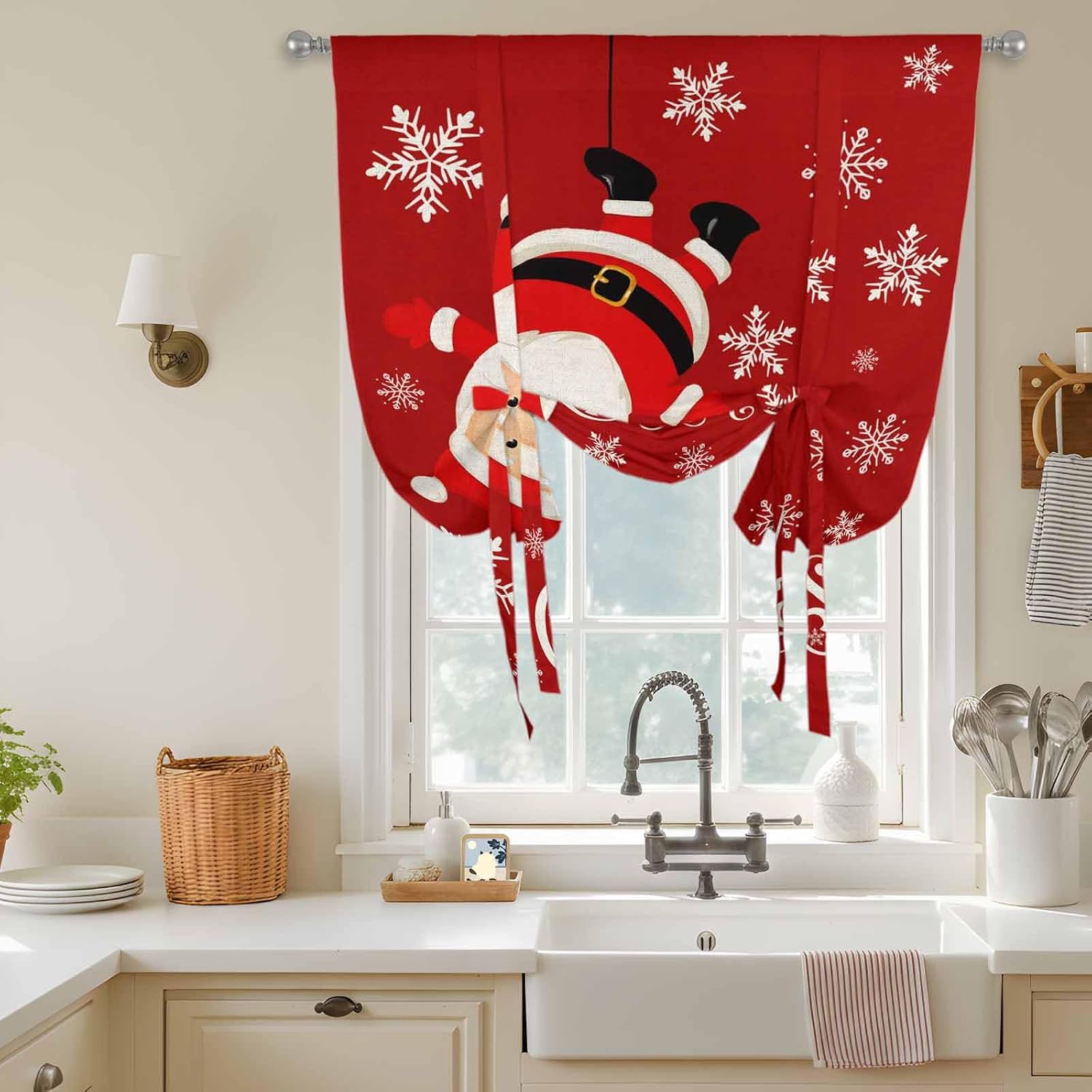 Red Christmas Santa Tie Up Curtains for Window, Xmas Snowflake Winter Thermal Insulated Balloon Shade Adjustable Rod Pocket Curtains Valance Panels for Kitchen Bathroom Café 42'' x 45''