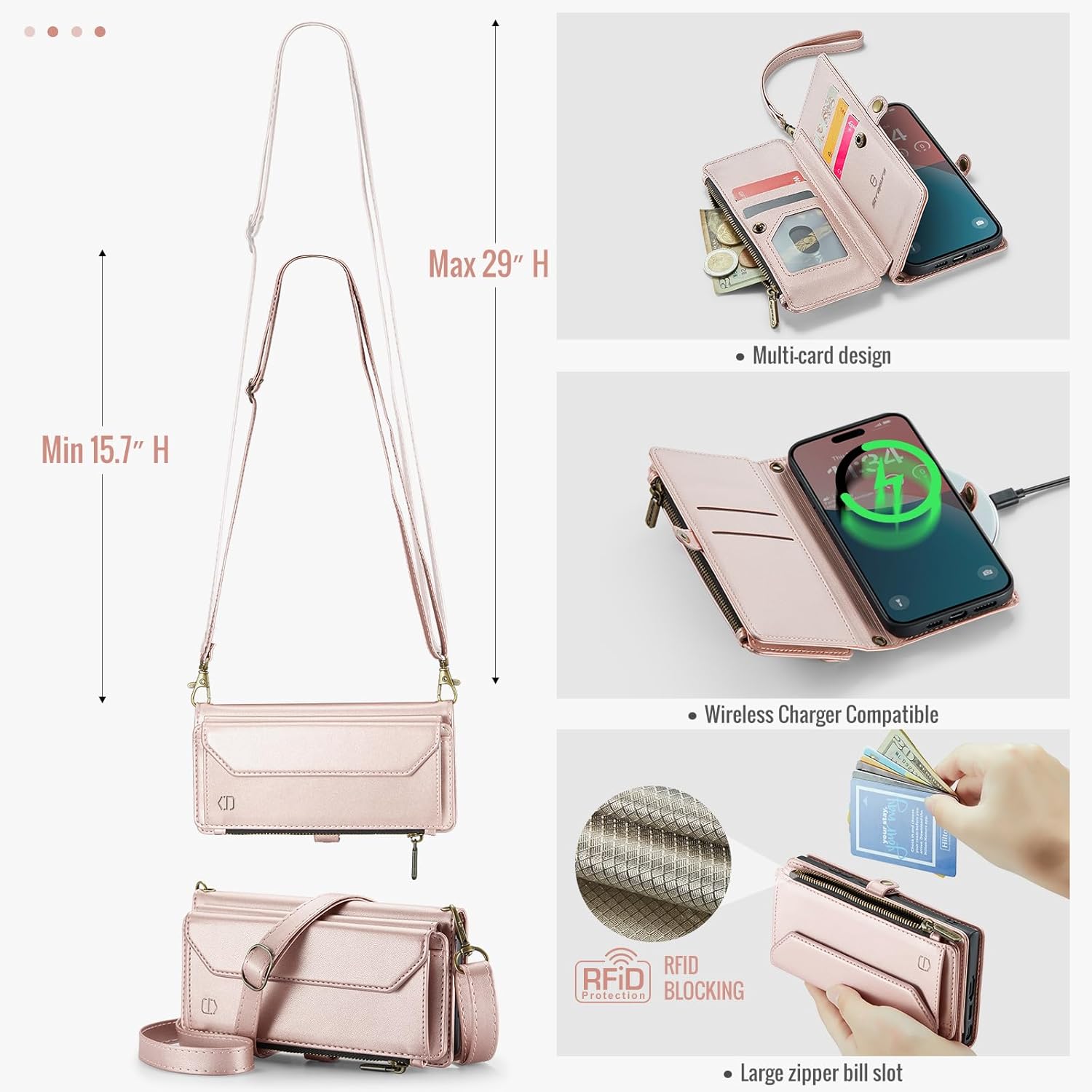 Strapurs Wallet Case Compatible with iPhone 16 6.1" RFID Blocking 7-Card Holder Soft PU Leather Magnetic Snap Shoulder Strap Zipper Pocket Phone Case Fit for iPhone 16 for Women - Rose Gold