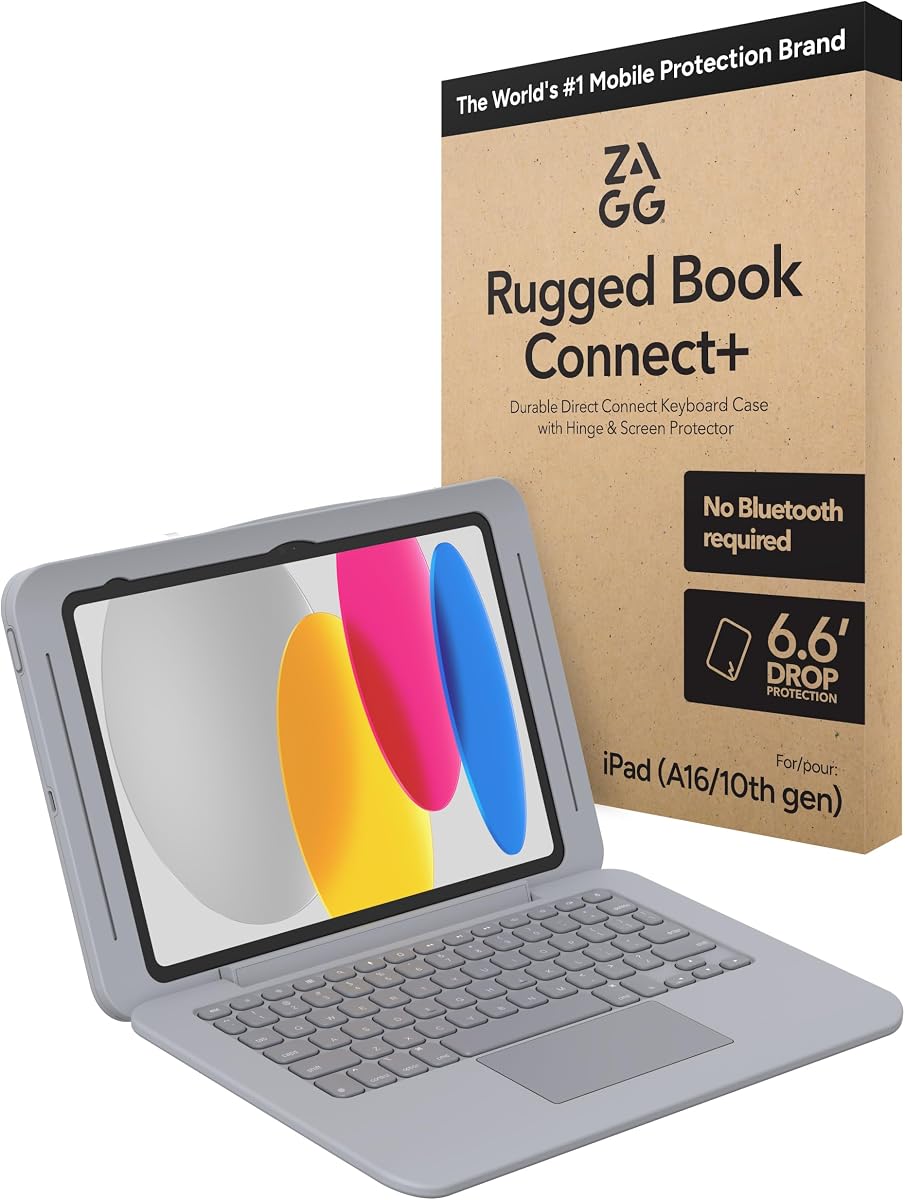 ZAGG Rugged Book Connect+ iPad 11" (A16) / 10.9" (Gen 10) Case - Keyboard Case with Screen Protector, 6.6ft Drop Protection, Medical Grade, USB-C Direct Connect, Water-Resistant, Asset Tag Window