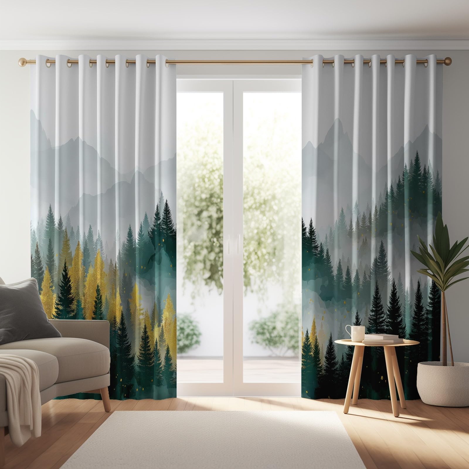 Generisch Abstrakt Aquarell Wald Gardinen vorhänge Blickdicht Mehrfarbig - Ideale Fensterlänge H215 x B100 cm (2er Pack) ohne Bodenkontakt, Thermo-Sichtschutz für Home-Office & Büro, Ösenvorhänge