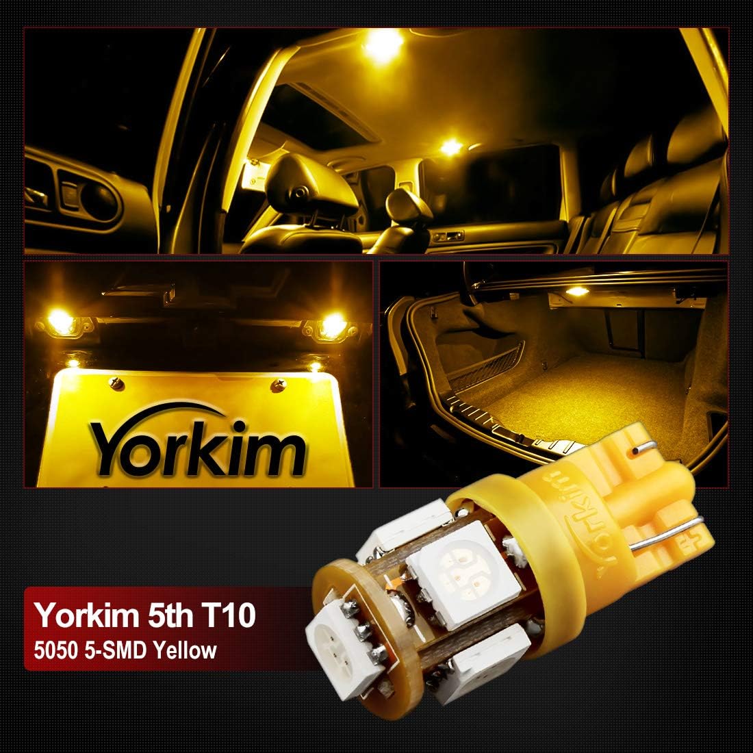 Yorkim 194 LED Bulbs Amber Super Bright 5th Generation, T10 LED Bulbs, 168 LED Bulb, W5W LED Bulbs for Car Interior Dome Map Door Courtesy License Plate Lights W5W 2825, Pack of 10