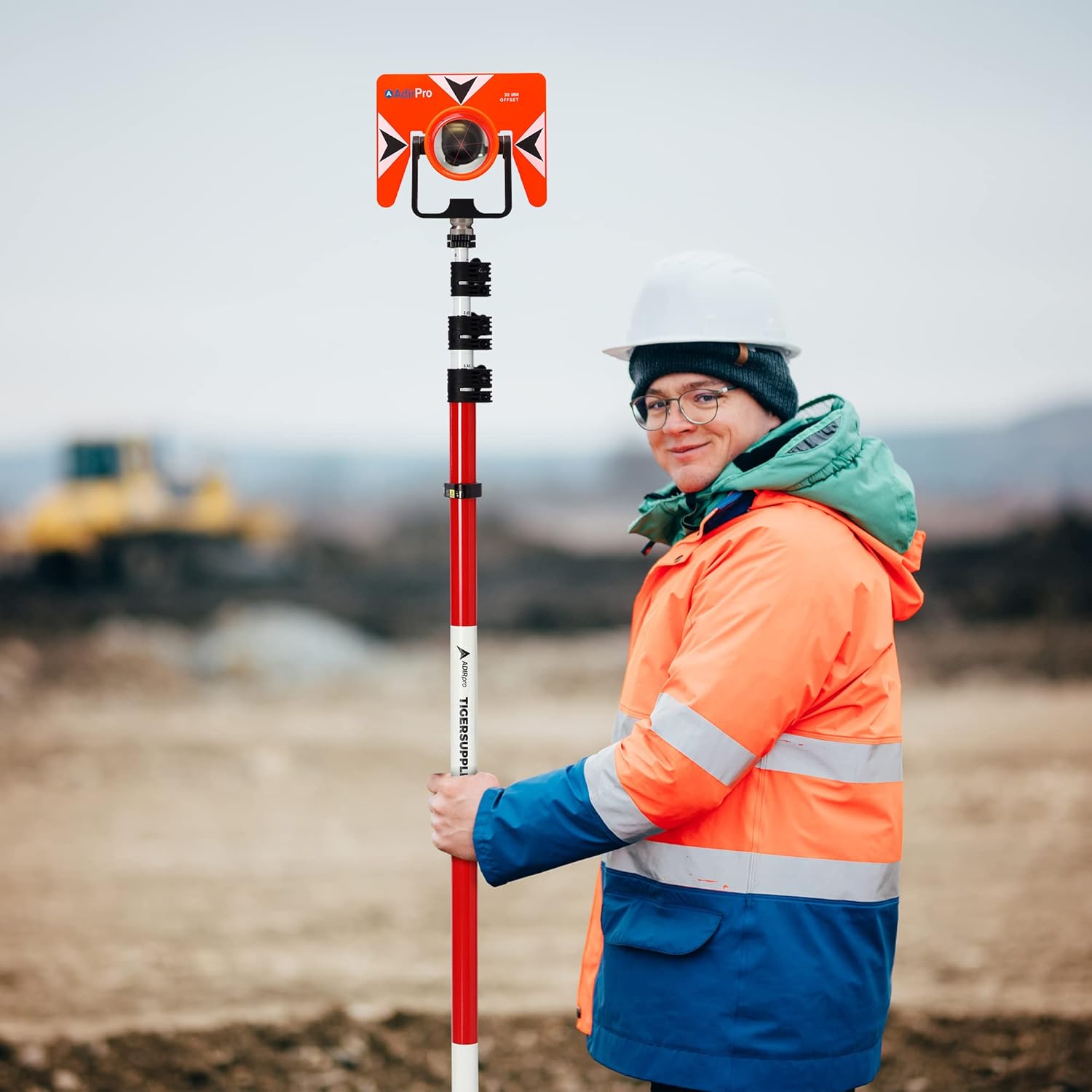 AdirPro 4.6 M Fiberglass Prism Pole with Dual Graduations - Metric and Feet Graduations with Quick Release Clamp & 40-Minute Bubble Vial Ideal for GPS, Robotic & Total Station Surveys