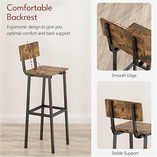 Miniatura 20 de GILLAS Juego de 2 taburetes de bar, sillas de bar altas con respaldo y reposapiés, altura de mostrador de estilo industrial, color negro Negro
