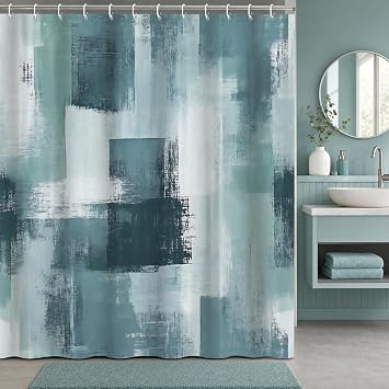 Abstract Teal Blue Shower Curtain Grey Green Modern Minimalist Art Brushstroke Geometric Watercolor Bathroom Decor Waterproof Fabric Bath Curtain 72 x 72 Inch with 12 Hooks