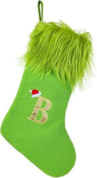 Green Christmas Stockings with Initials, 18 Knit Monogram Christmas Stockings with Golden Letter, Large Personalized Christmas Stocking for Christmas Tree Fireplace Home Decor