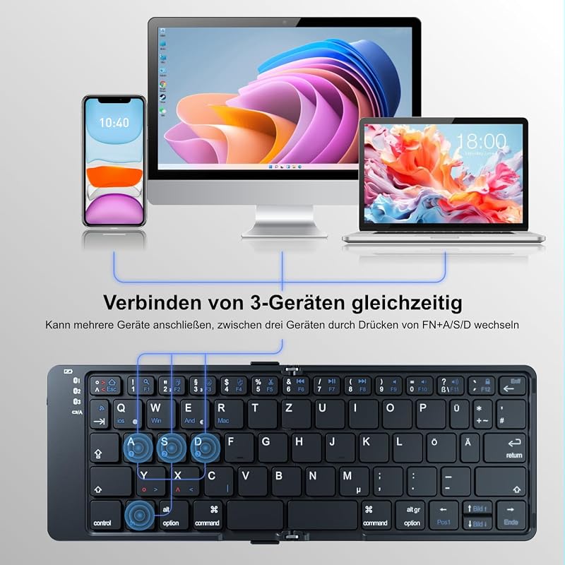 Echaar Összehajtható Bluetooth Billentyűzet Numerikus Résszel - iOS, Android, Windows Kompatibilis, QWERTZ Kiosztás, Újratölthető, Érintőpad
