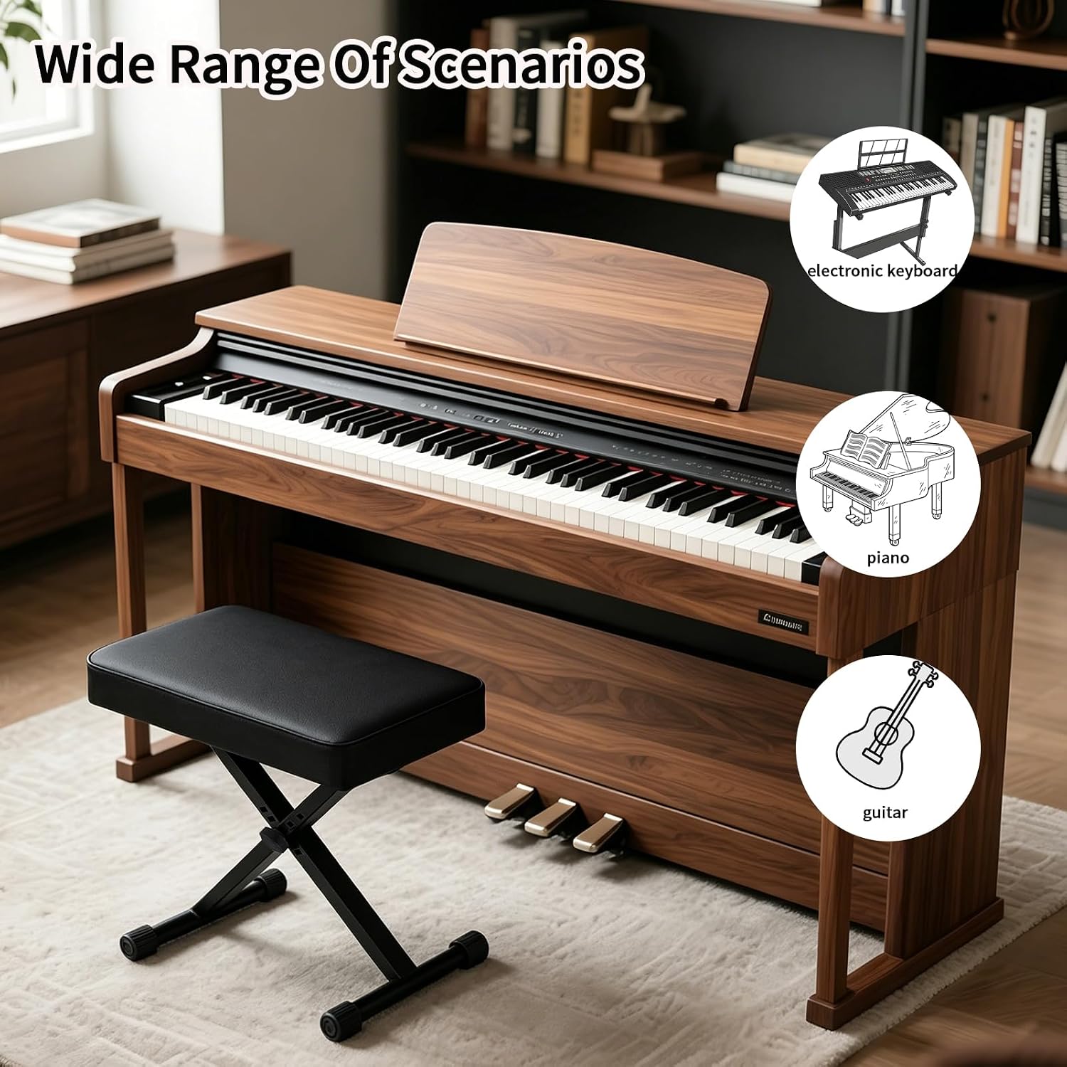 Keyboard Bench Padded Cushion X-Style Height Adjustable 17.3''-19.9'', Piano Stool, Keyboard Chair, Black (Square Thickened Style)