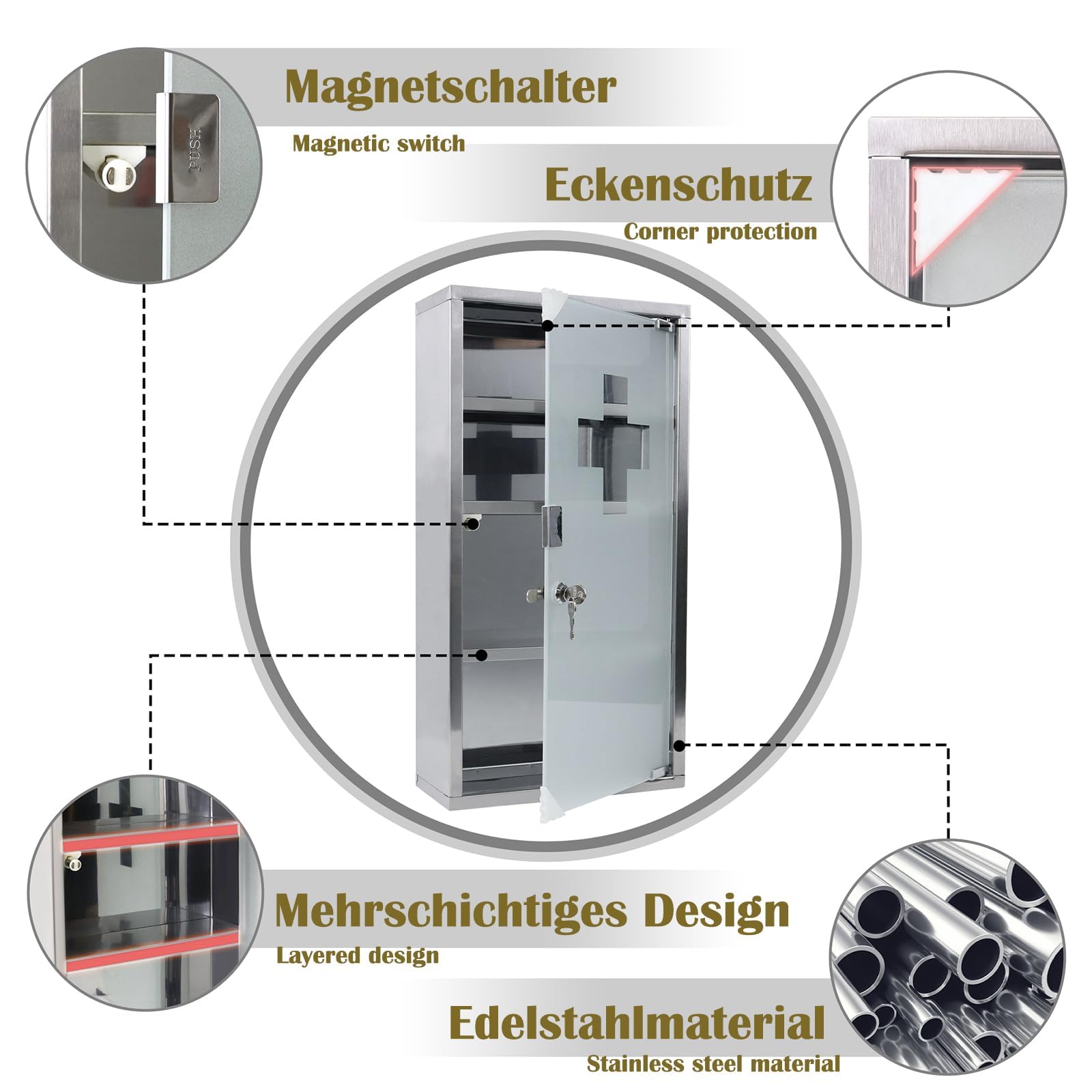 LZQ Armoire à pharmacie verrouillable en acier inoxydable à 4 compartiments avec porte en verre et 2 clés (L 30 x l 12 x H 57,5 cm)