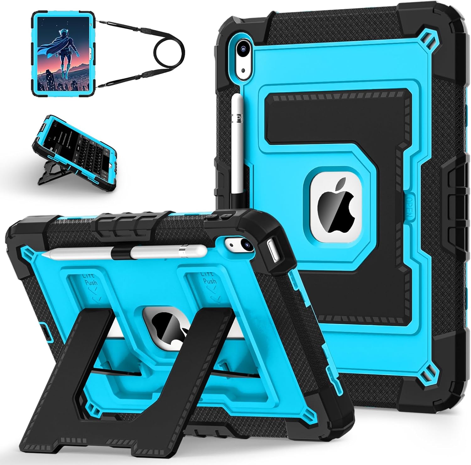 for iPad (A16) 11th/10th Generation 11/10.9 Inch 2025/2022 Kids Friendly iPad Case 10th Generation with Pencil Holder,Heavy Duty Shockproof Cover for i Pad 11th/10th Gen,Black Blue