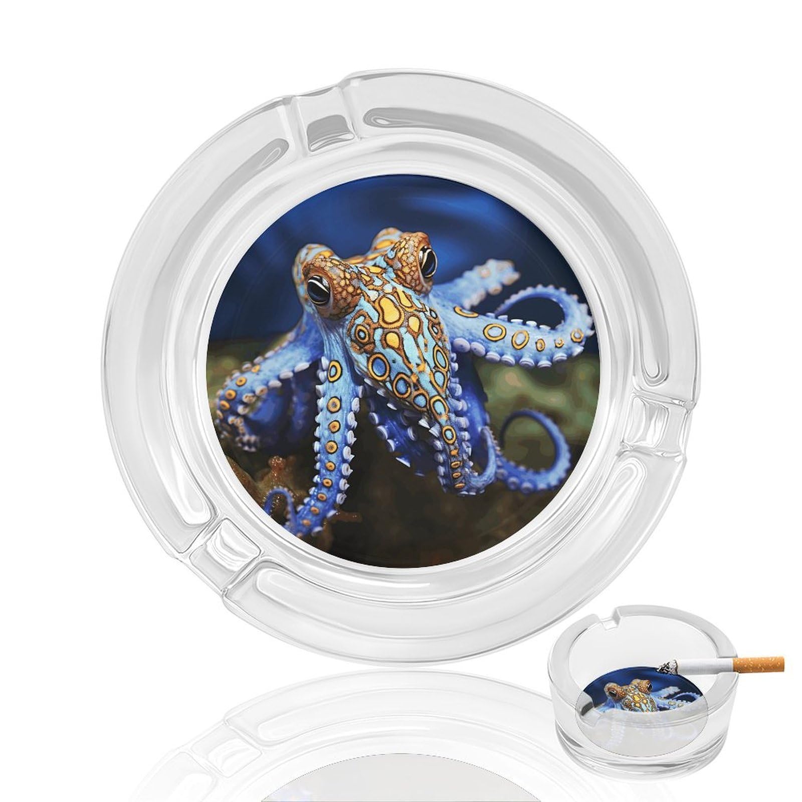 Blue Ringed Octopus Ashtray Cigar Cigarette Rest Glass Outdoor Cigar Ashtrays with 3 Grooves Travel Cigar Ashtrays Fancy Cute Cool Ash Tray for Smokers Tabletop