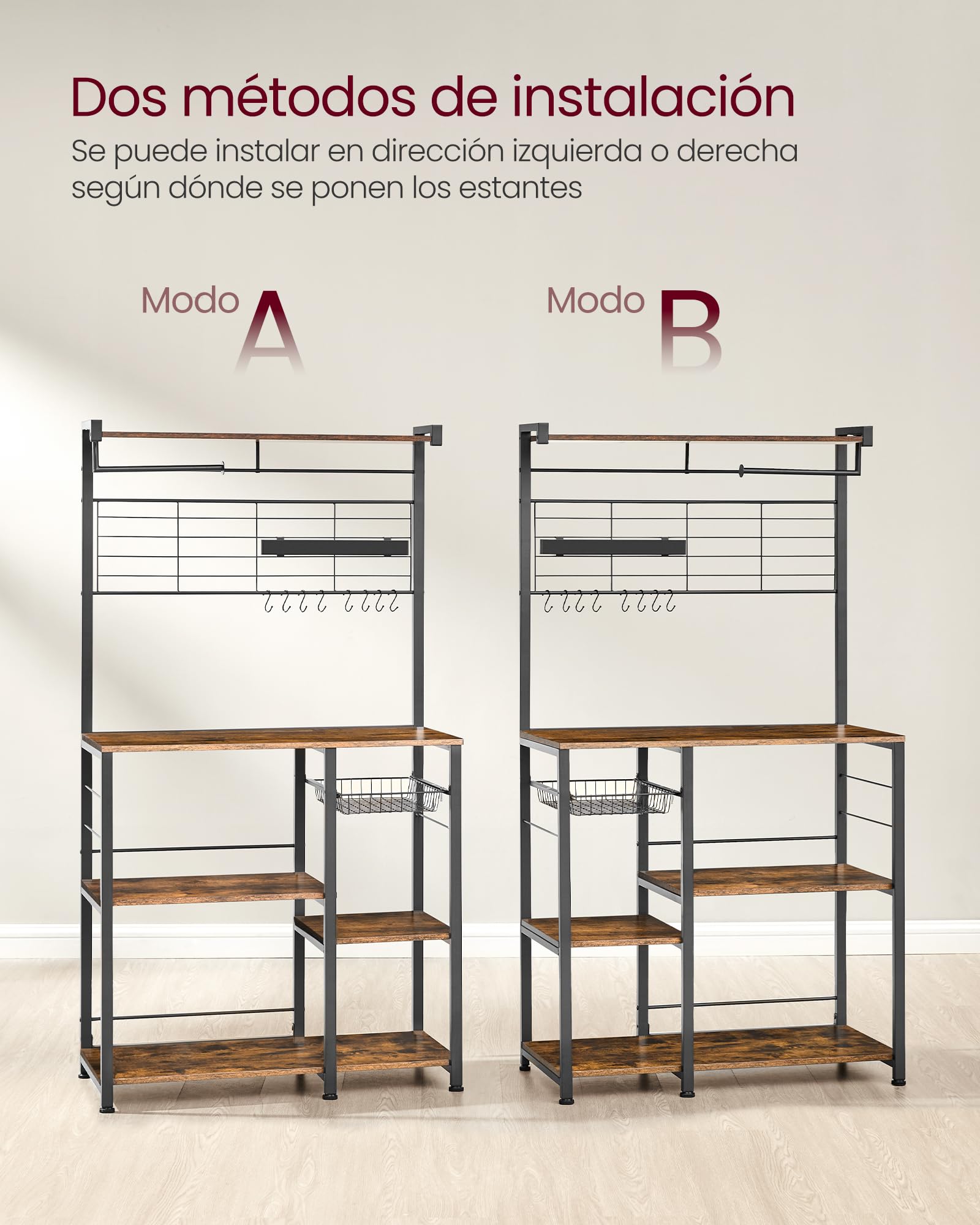 VASAGLE Estantería de Cocina, Soporte para Panadería, Isla de Cocina con Tira Magnética de Cuchillo, Cesta de Alambre, Soporte de Papel, 12 Ganchos, Marrón Rústico y Negro KKS026B01