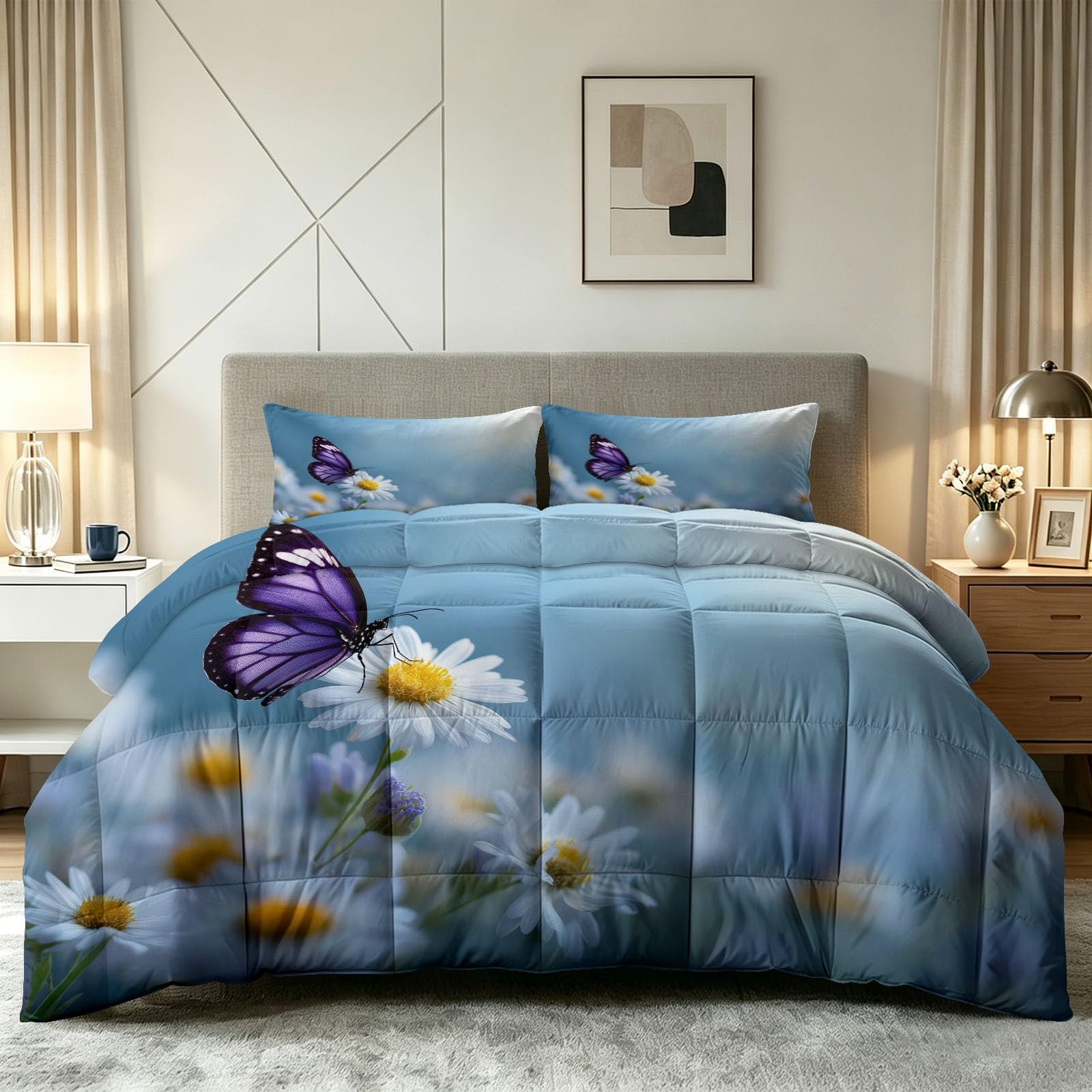 Poszewka na kołdrę pojedynczą pikowaną w stylu sielskim 135 x 200 cm, lekkie, ciepłe, przytulne łóżko, zestaw pościeli z 2 poszewkami na poduszki, kwiatowy motyl, stokrotka, nadająca się do prania