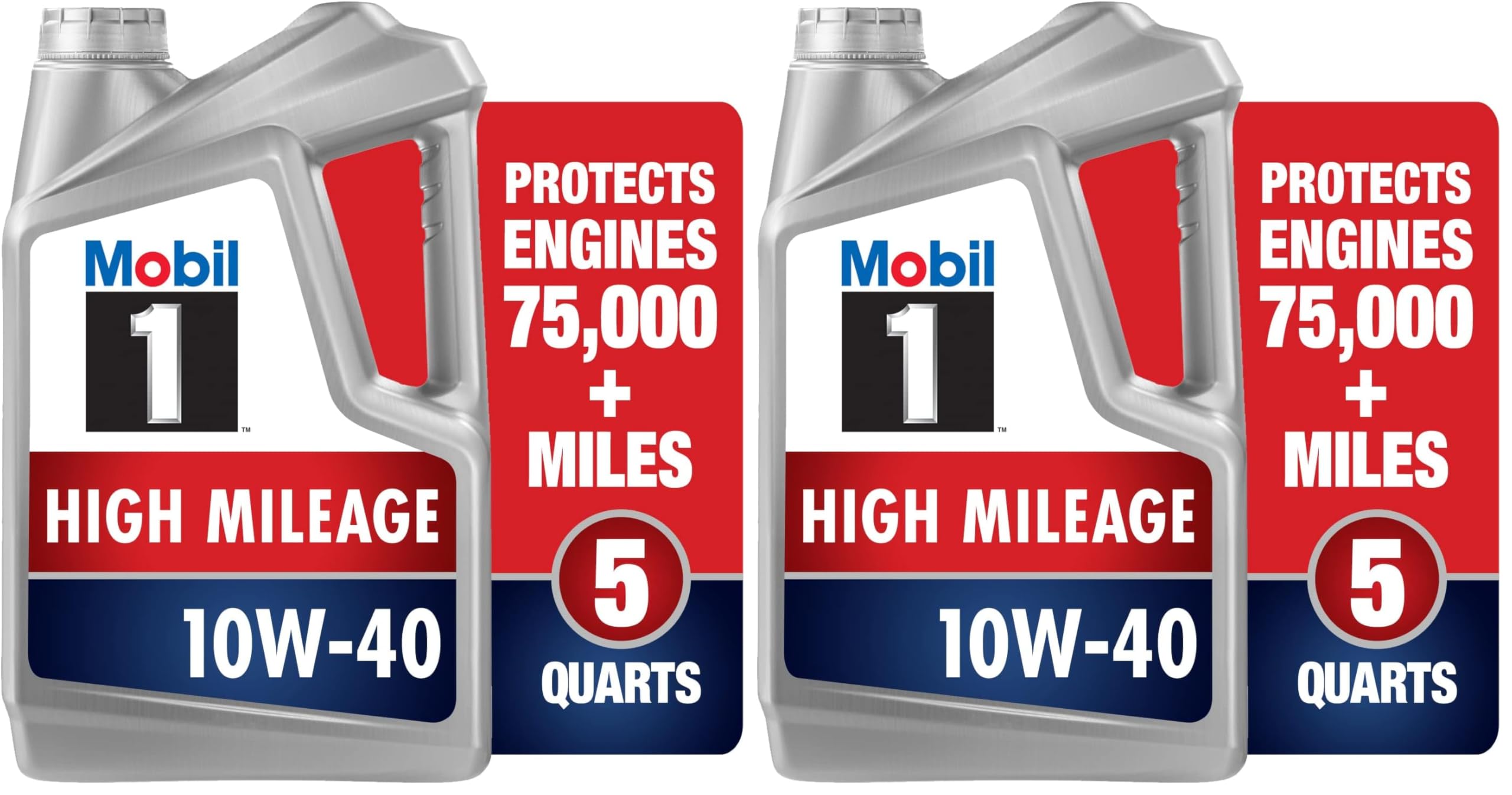 Mobil 1 High Mileage Full Synthetic Motor Oil 10W-40, 5 Quart, Gray (Pack of 2)